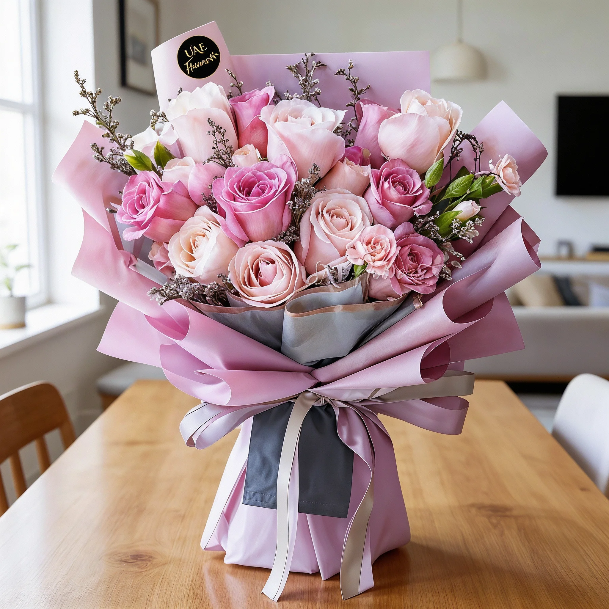 A bouquet of 9 light pink roses, 6 purple roses & 3 light pink carnations with fillers in a purple and grey wrapping paper tied with grey ribbon