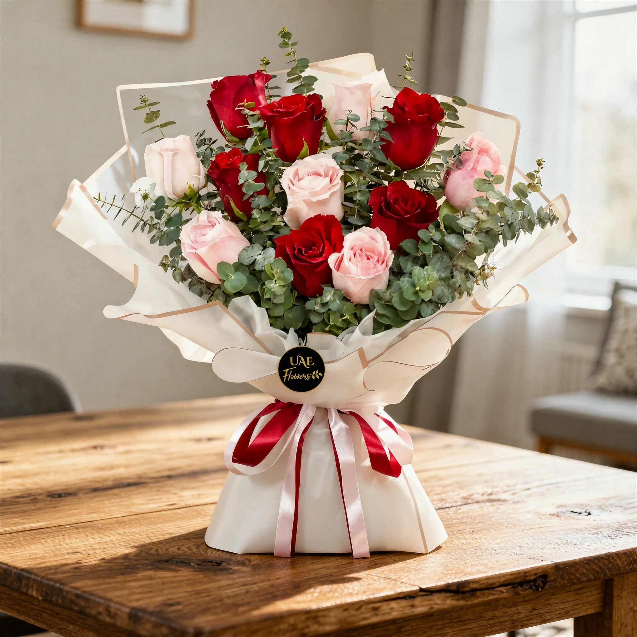 A bouquet of 12 red and pink roses with lots of eucalyptus leaves in white wrapping paper tied with red ribbon