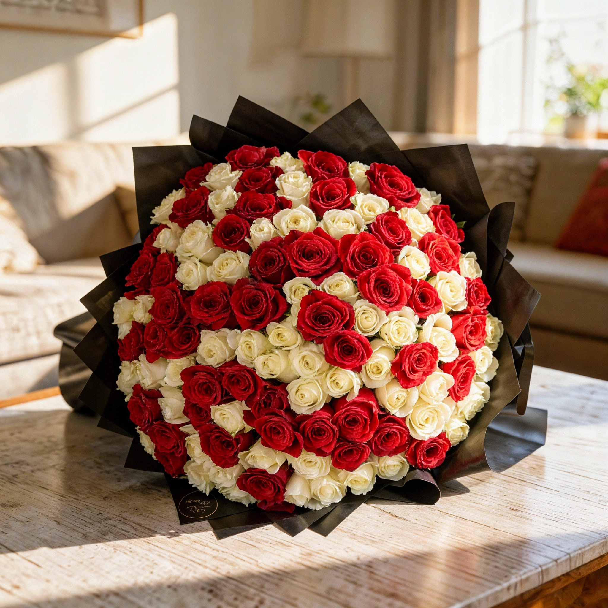 bouquet of 100 red and white roses wrapped in black paper and tied with ribbons.