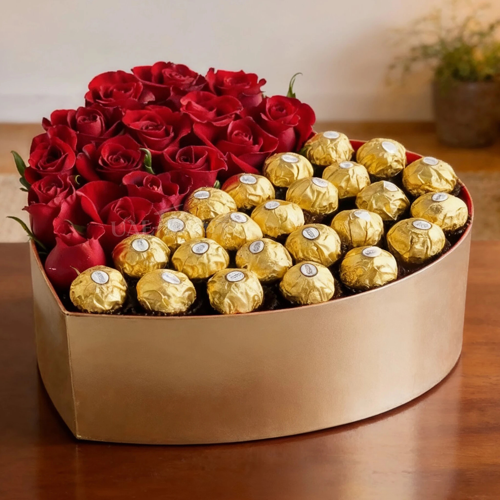 Heart-shaped box with 15 red roses and 24 Ferrero Rocher chocolates, perfect for expressing love and romance.