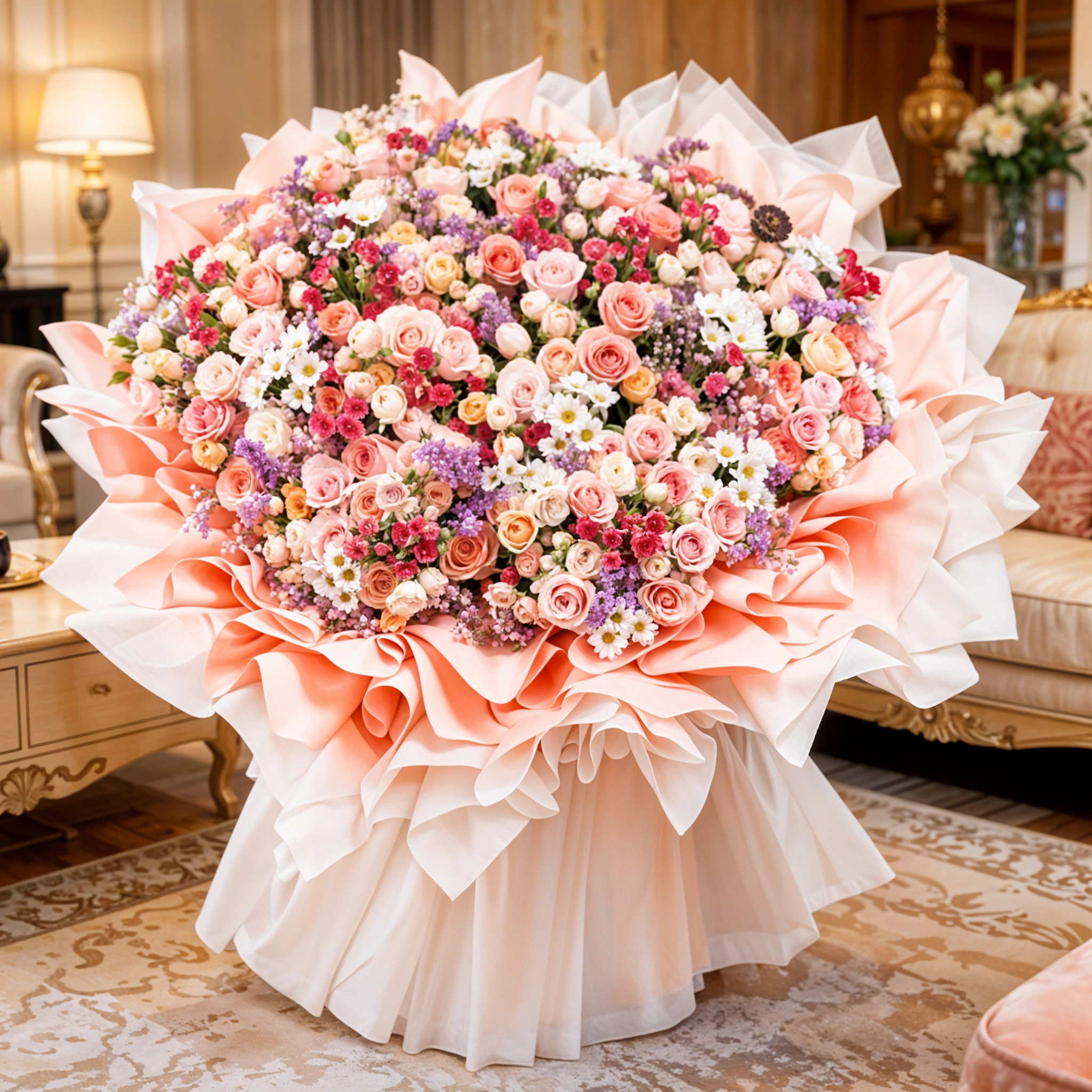 Grand bouquet of 70 mix color spray roses, 80 mix color roses and 10 white chrysanthemum with fillers in paper packing.