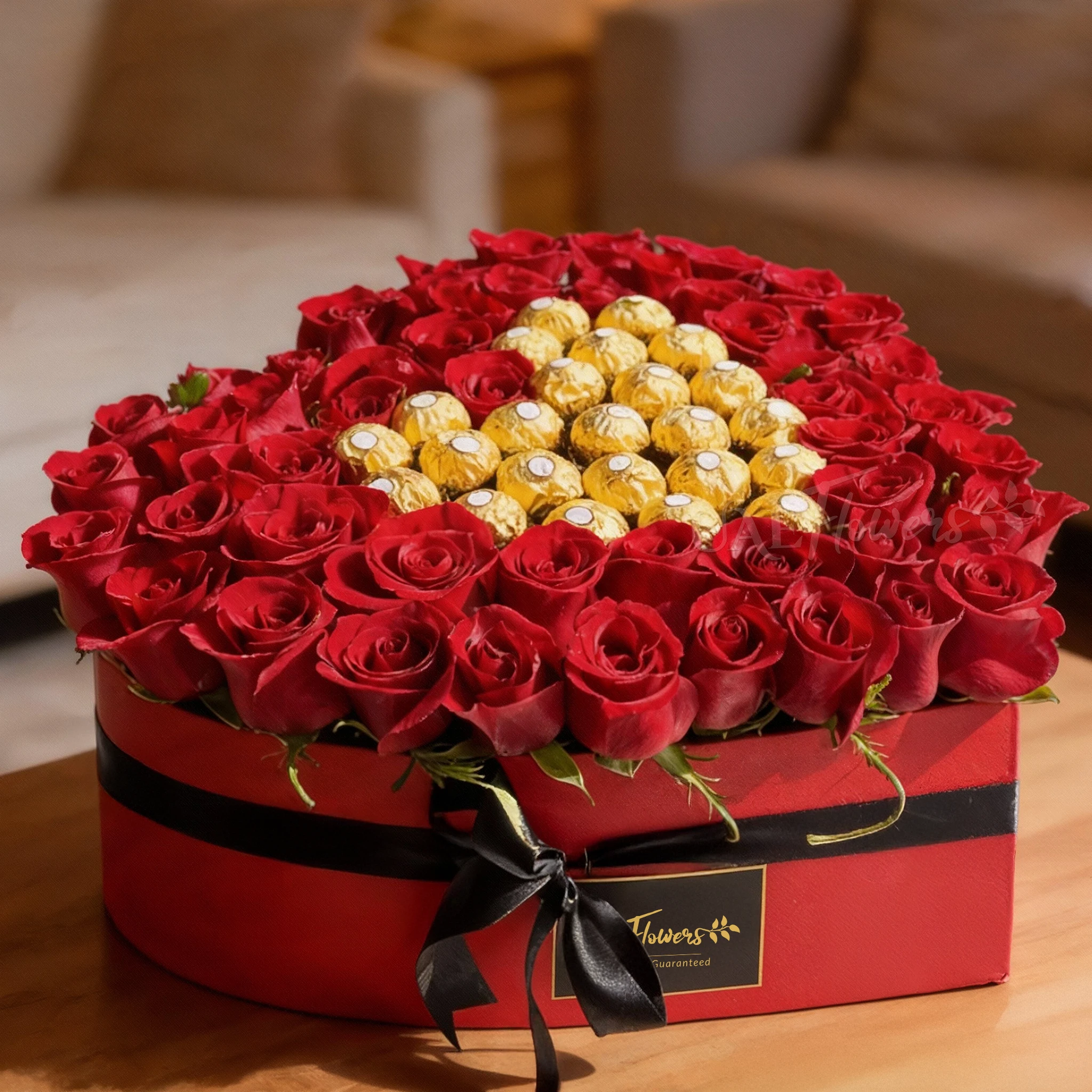 A heart shaped arrangement of 50 red roses & 24 pieces of ferrero rocher in a red box tied with black ribbon