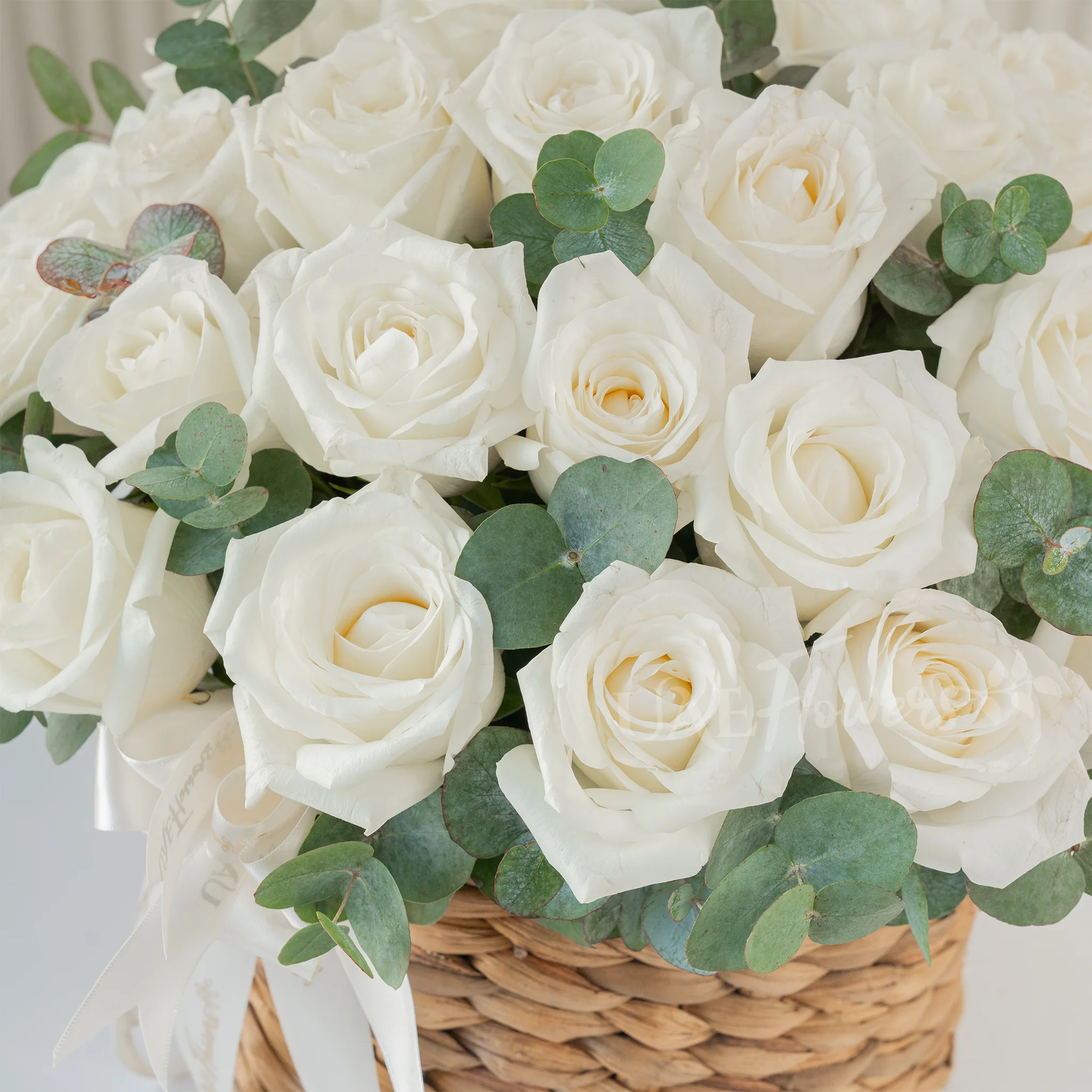 12 White Roses in a Round Basket