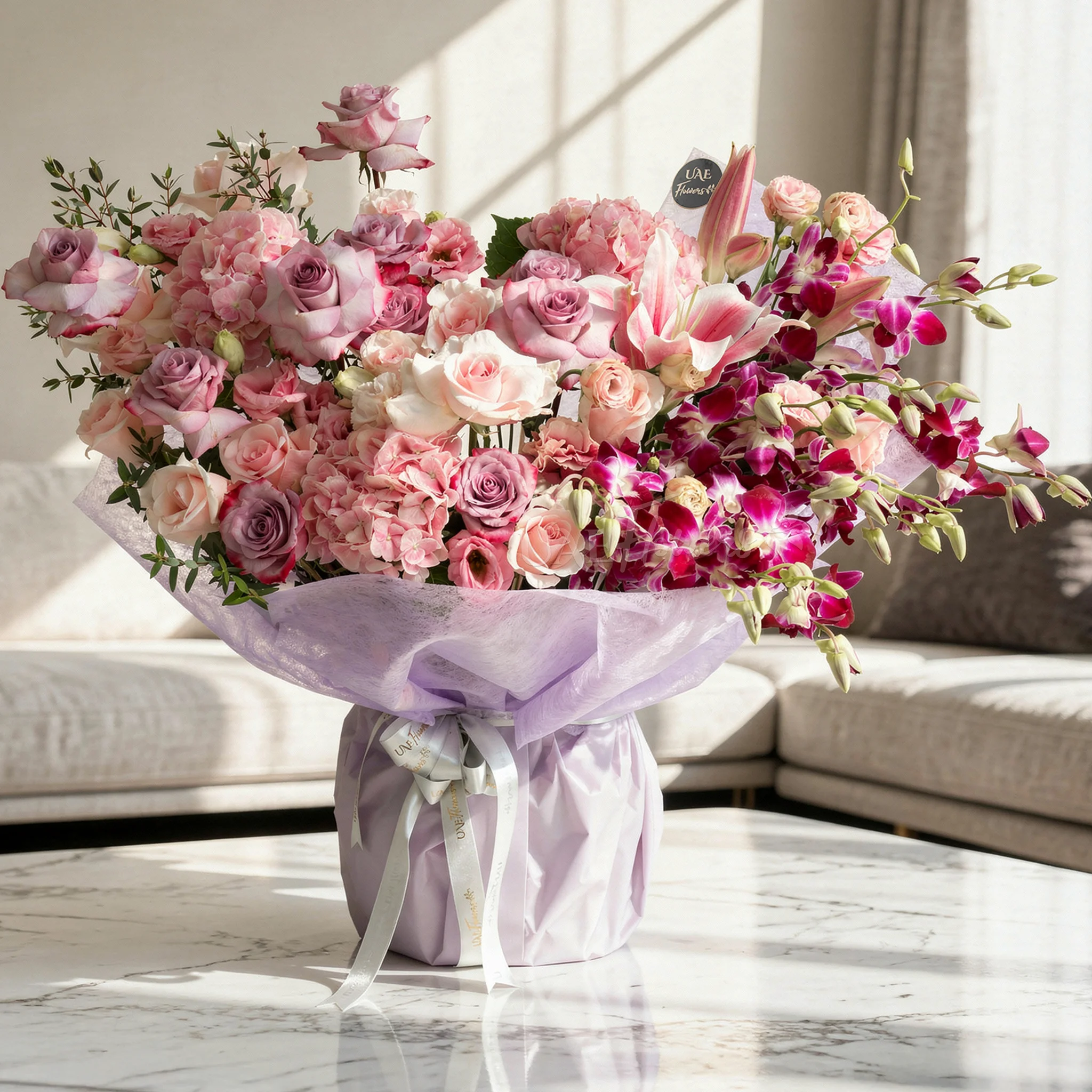 Bouquet of 2 pink hydrangeas, 10 purple orchids, 2 pink lilies, 8 purple roses and 10 pink roses with green fillers in purple paper packing tied with grey ribbon.