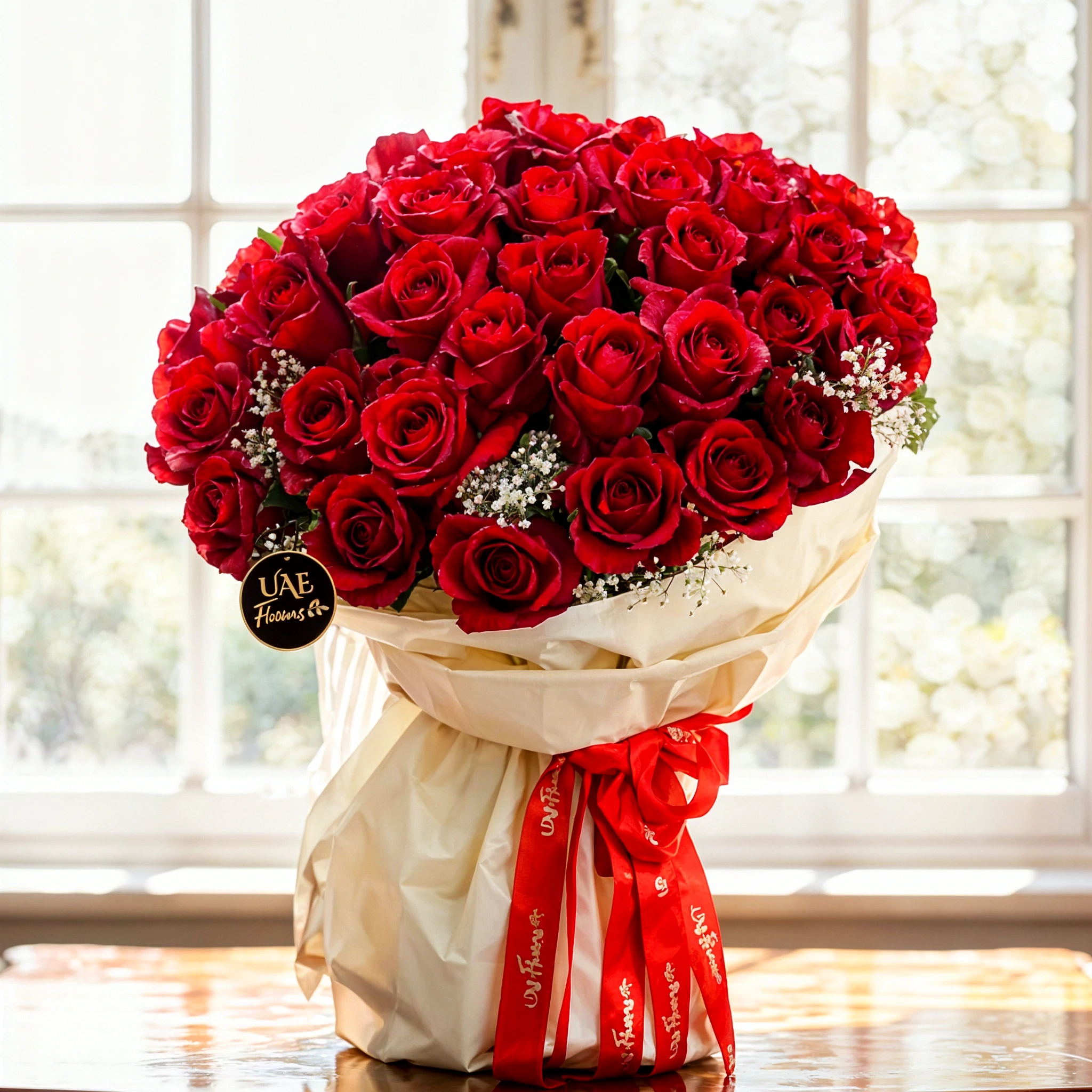 A large bouquet featuring 40 vibrant red roses paired with delicate gypsophila (baby's breath) elegantly wrapped in cream-colored paper and tied with a bold red ribbon, sitting on a table in a modern