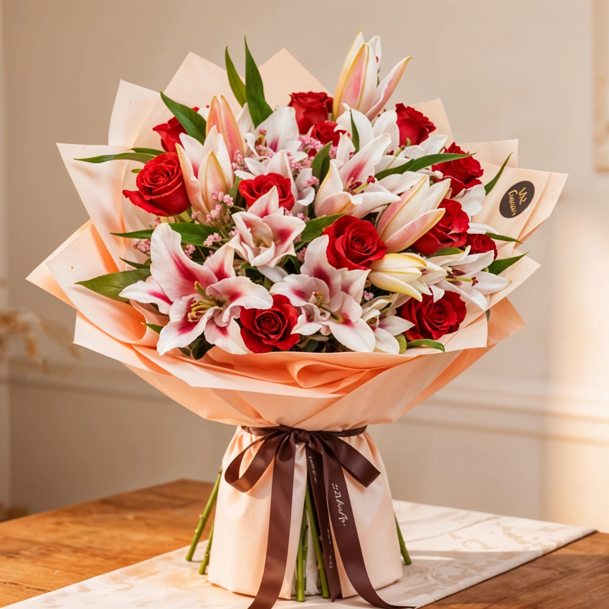 red roses, pink stargazer lilies