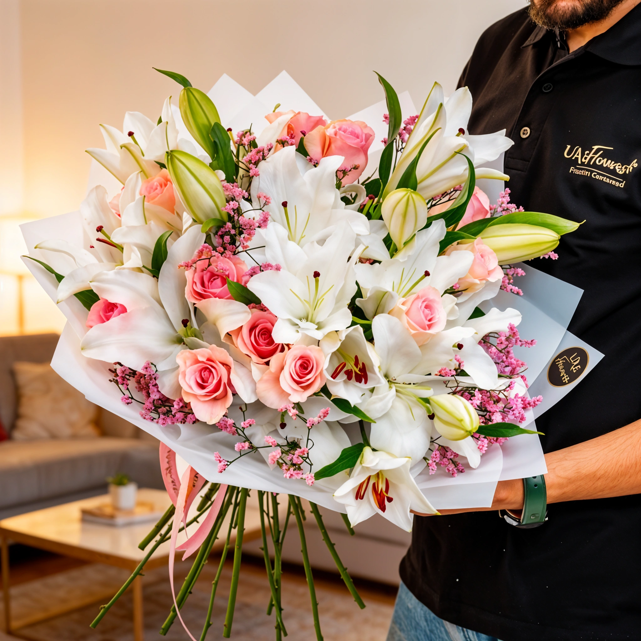 12 pink roses, 5 white lilies, statice, and greenery