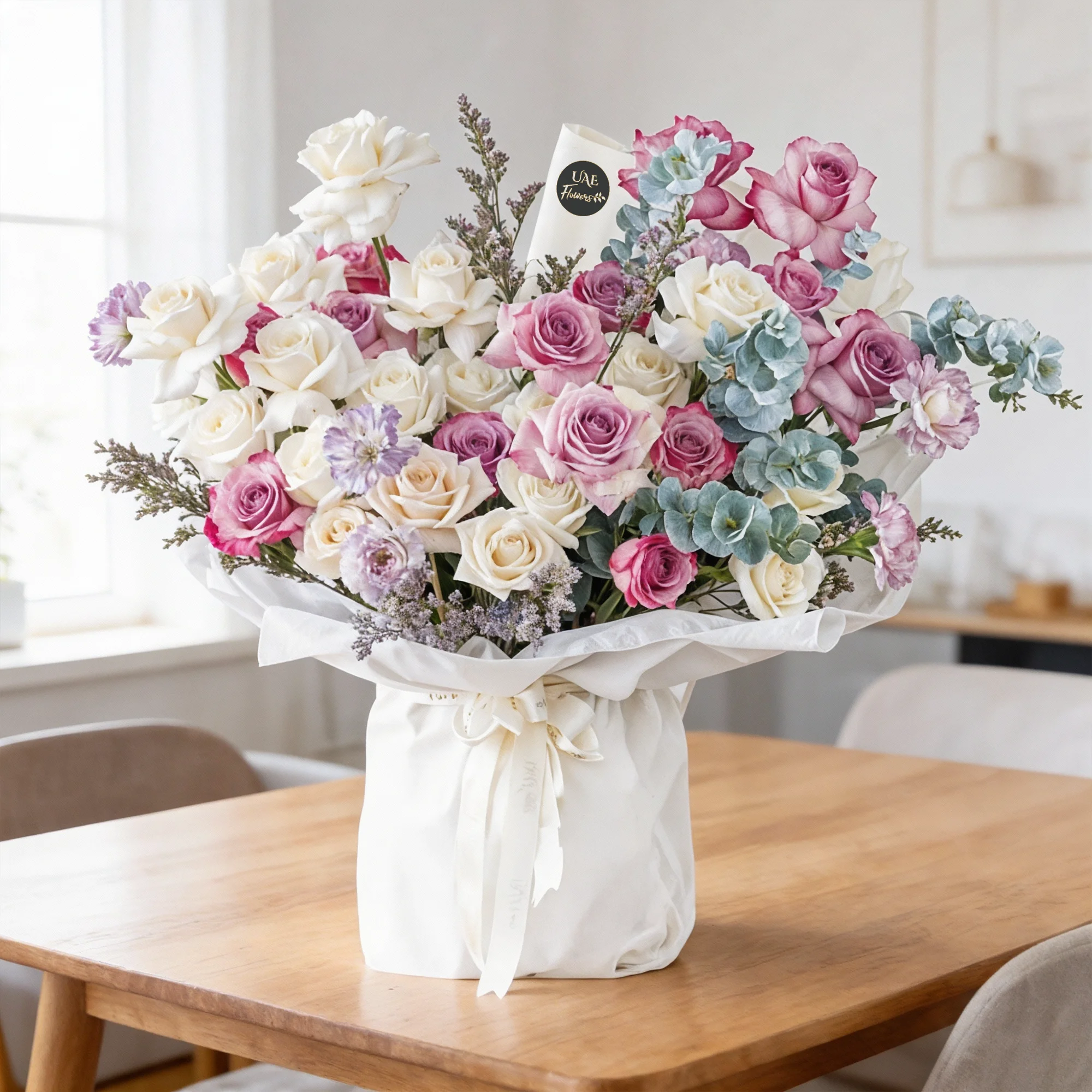 Bouquet of 20 white roses, 12 purple roses and 5 carnations with eucalyptus leaf and green fillers in white paper packing tied with white ribbon.