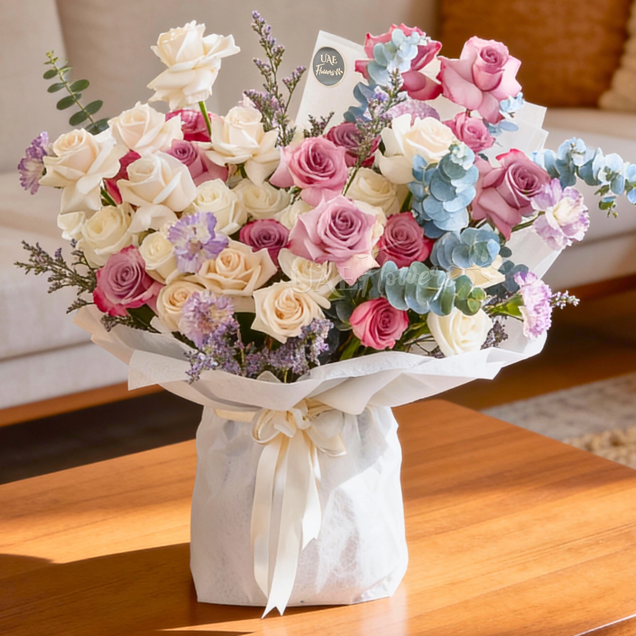Bouquet of 20 white roses, 12 purple roses and 5 carnations with eucalyptus leaf and green fillers in white paper packing tied with white ribbon.