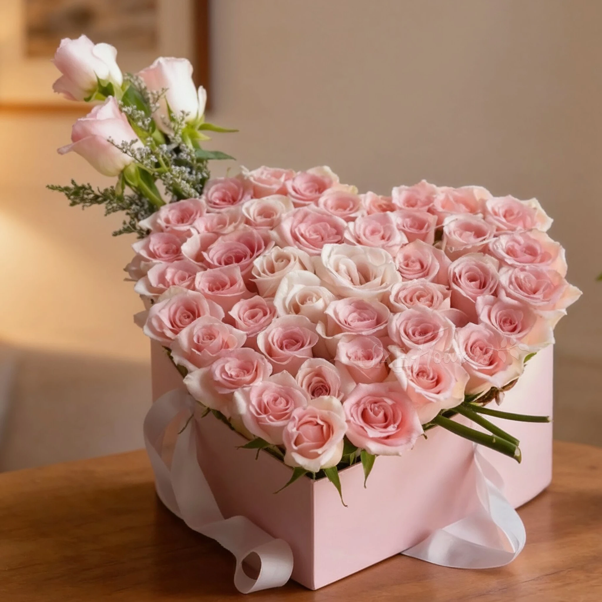 A heart shaped arrangement of 43 pink roses placed in a pink box