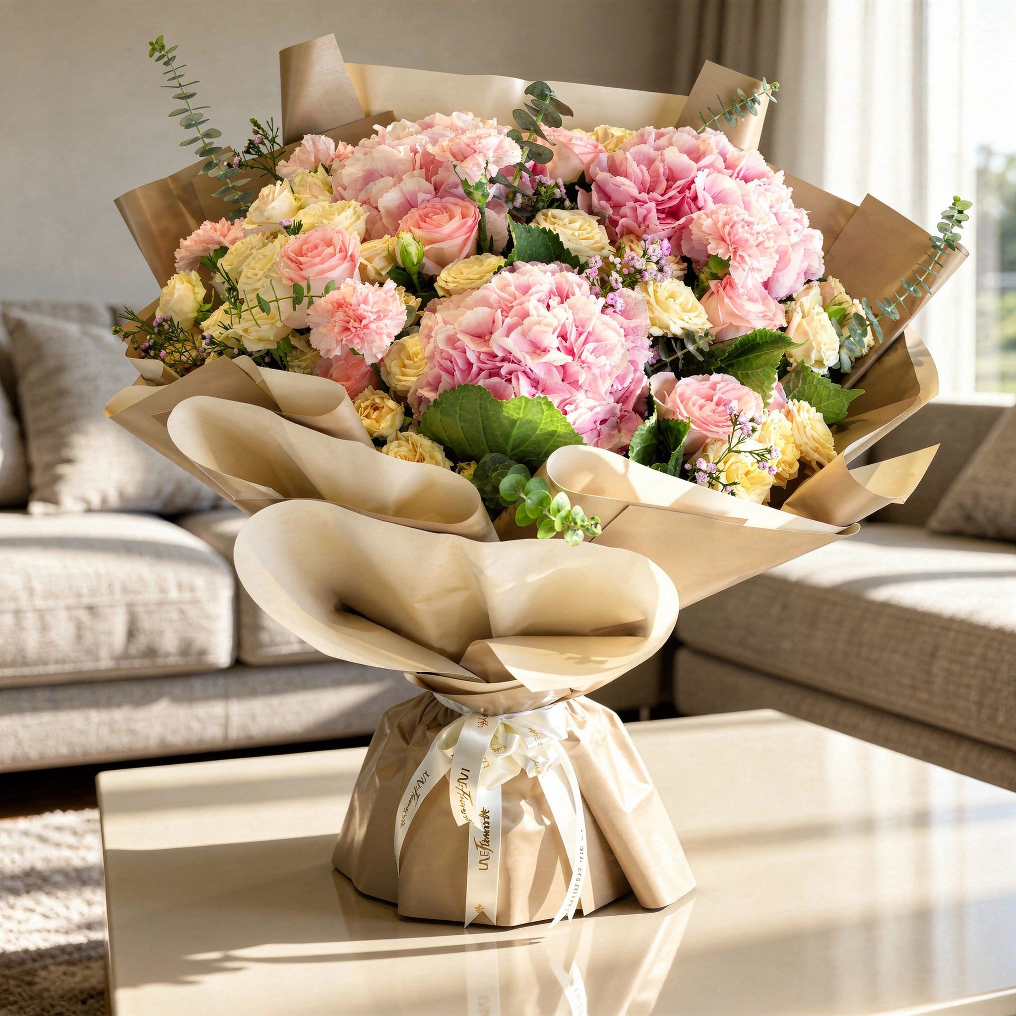 bouquet of 3 pink hydrangeas, 6 pink carnations, 6 pink roses, and 5 peach spray roses