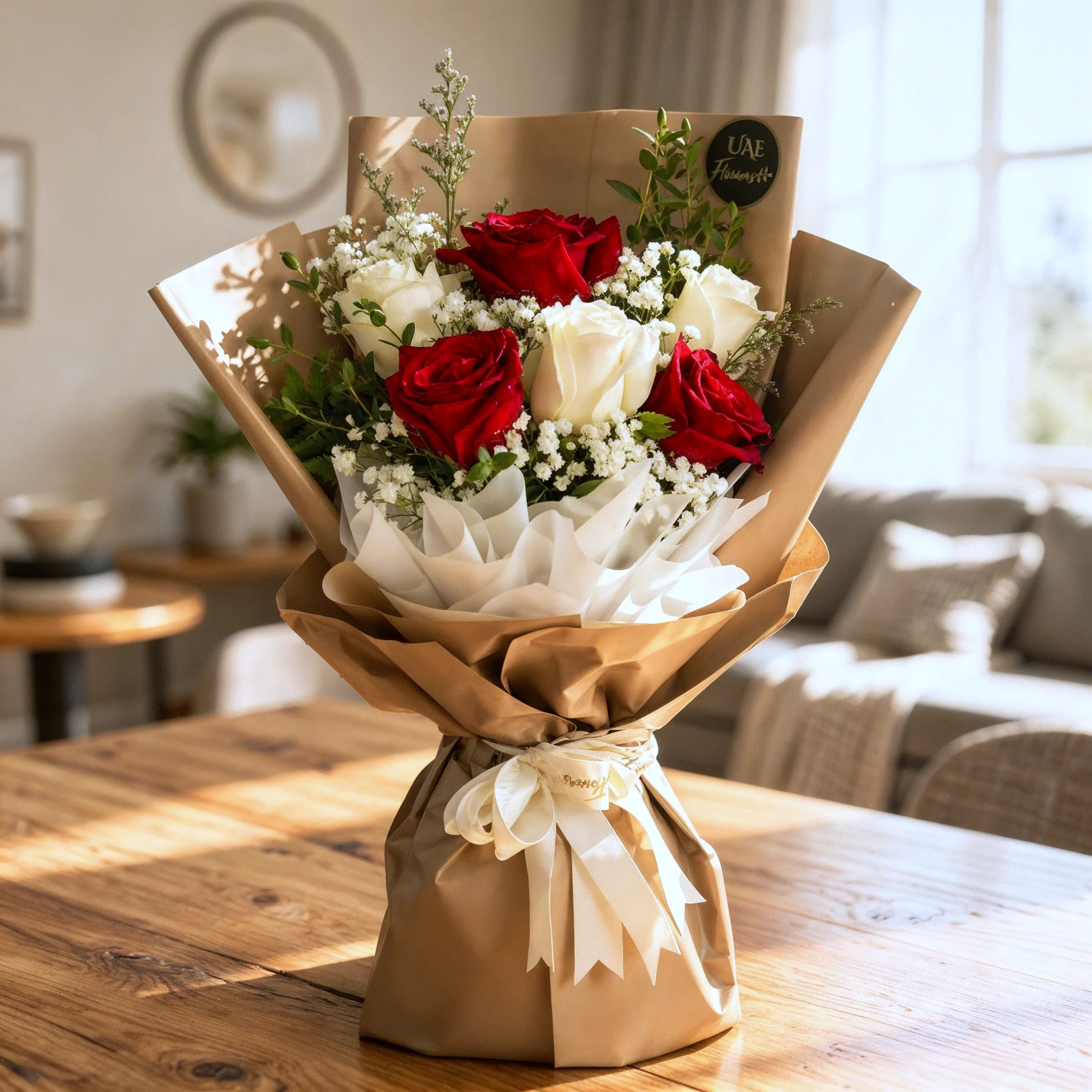 3 red & 3 white roses with greens & baby's breath