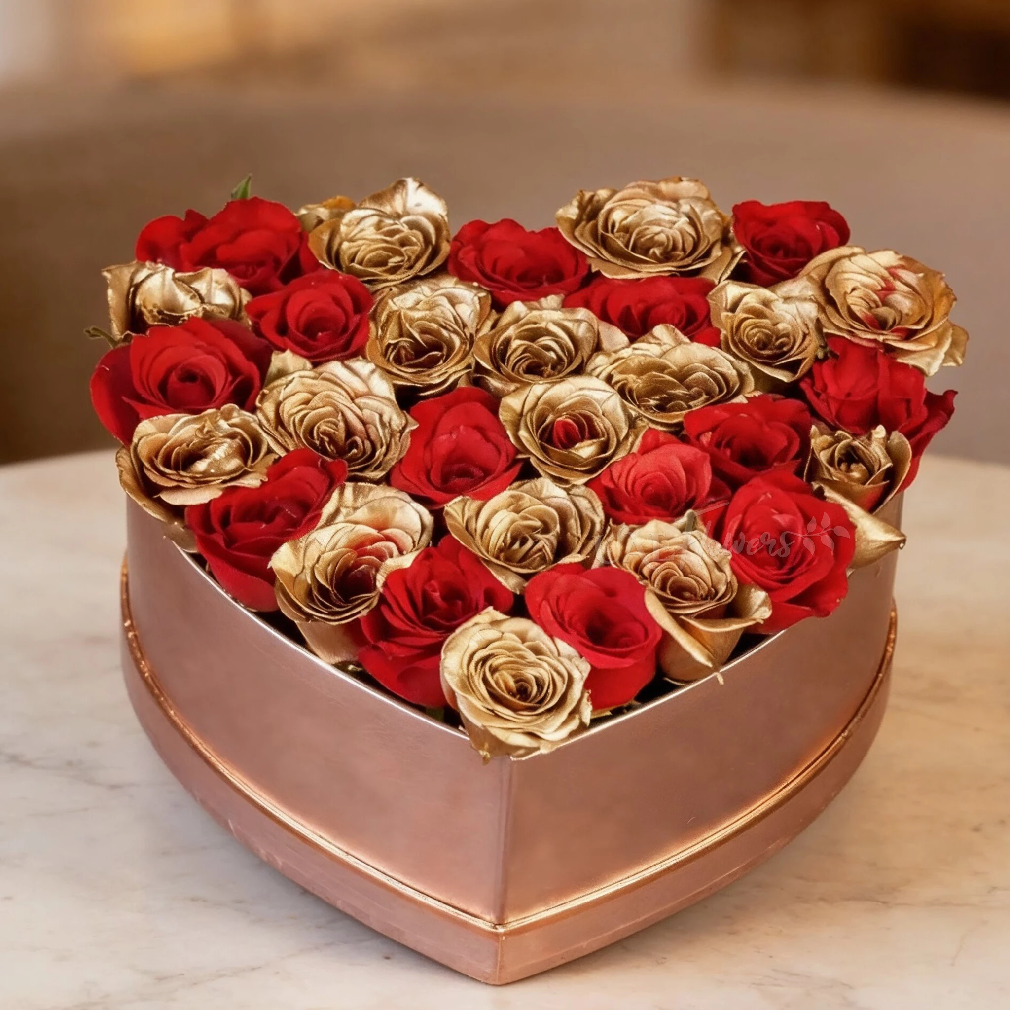 15 red roses and 20 gold color roses in a heart-shaped box