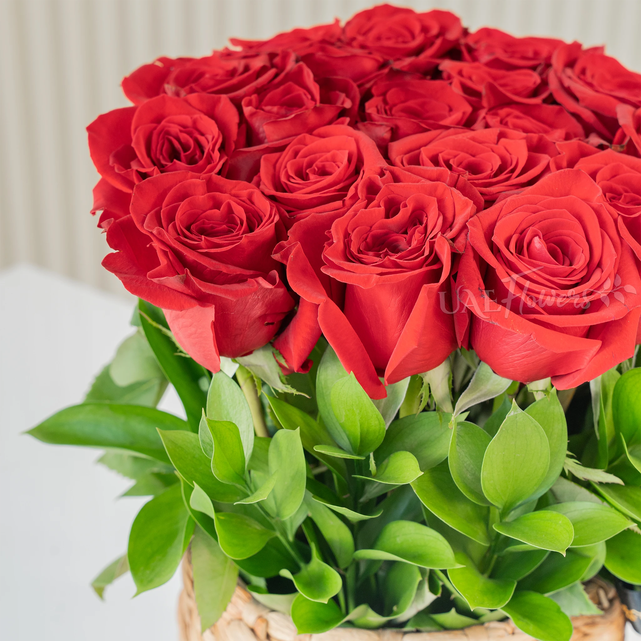 12 Red Roses in a Round Basket