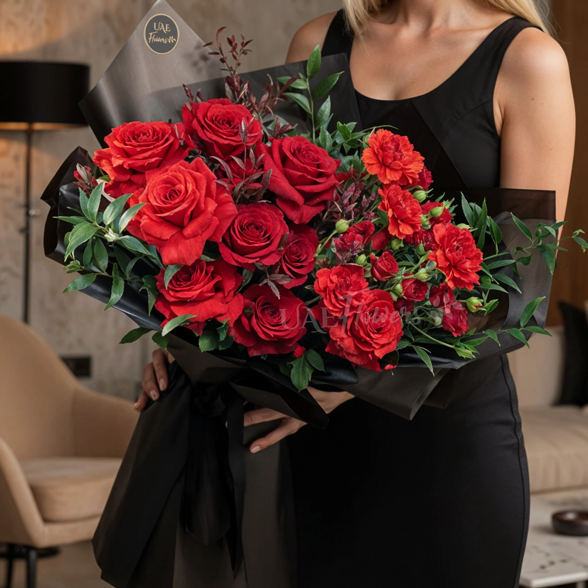 Bouquet of 8 red roses, 5 red carnations and 2 red spray roses, with green fillers in black paper packing.