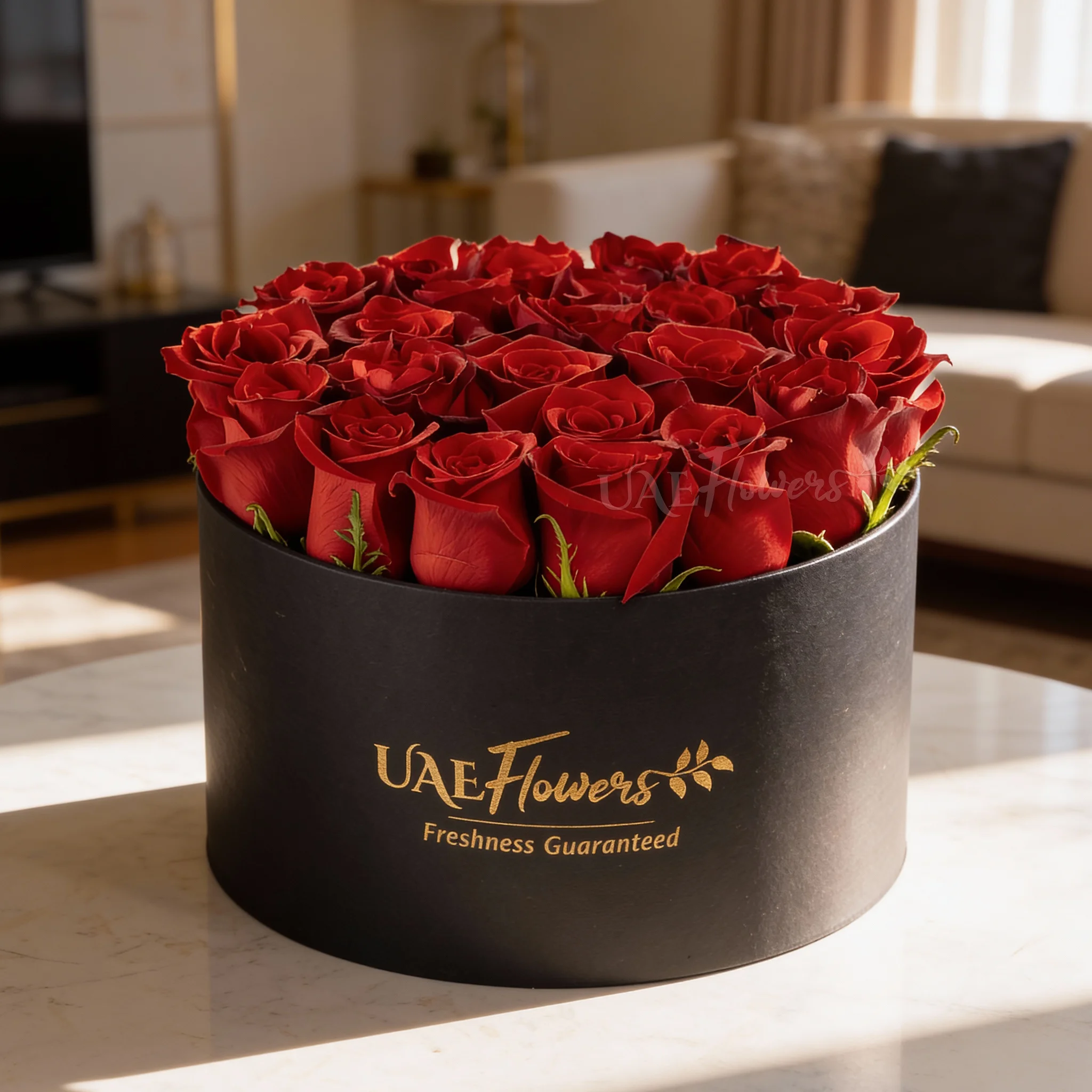 20 red roses in a round box.