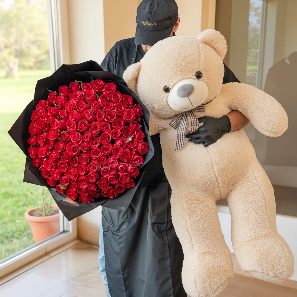 bouquet of 100 red roses in black paper wrap with ribbons and a brown jumbo teddy bear