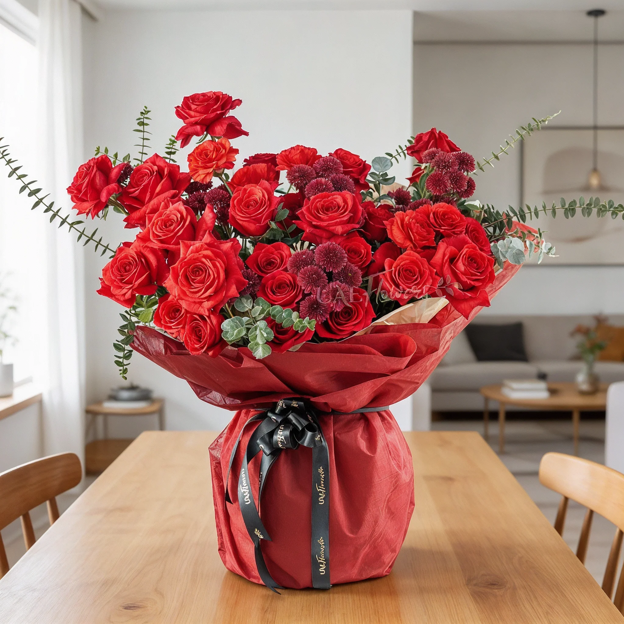 Bouquet of 10 red roses, 5 red spray roses and 3 red button chrysanthemums with eucalyptus leaf in red paper packing tied with black ribbon.