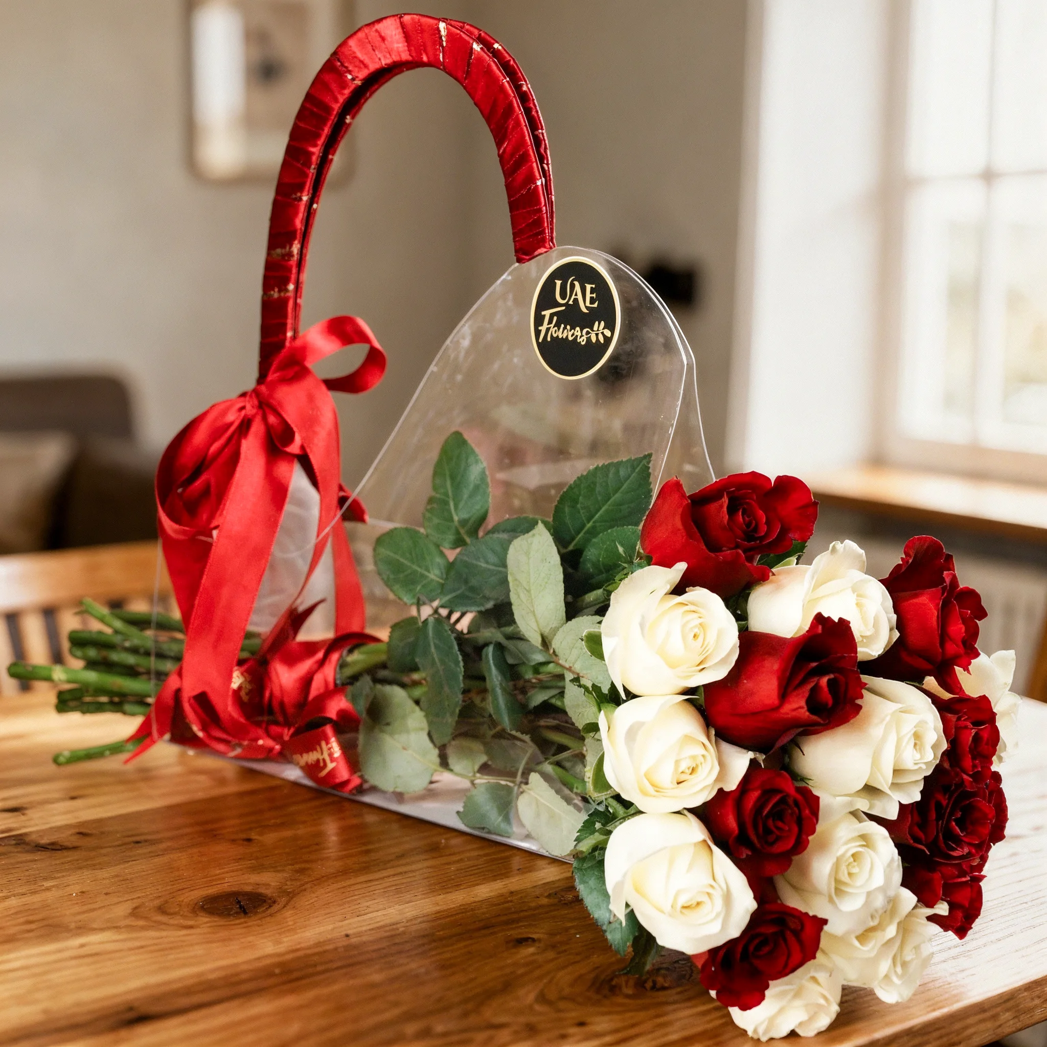 18 red and white roses placed in a clear acrylic bag tied with red ribbons