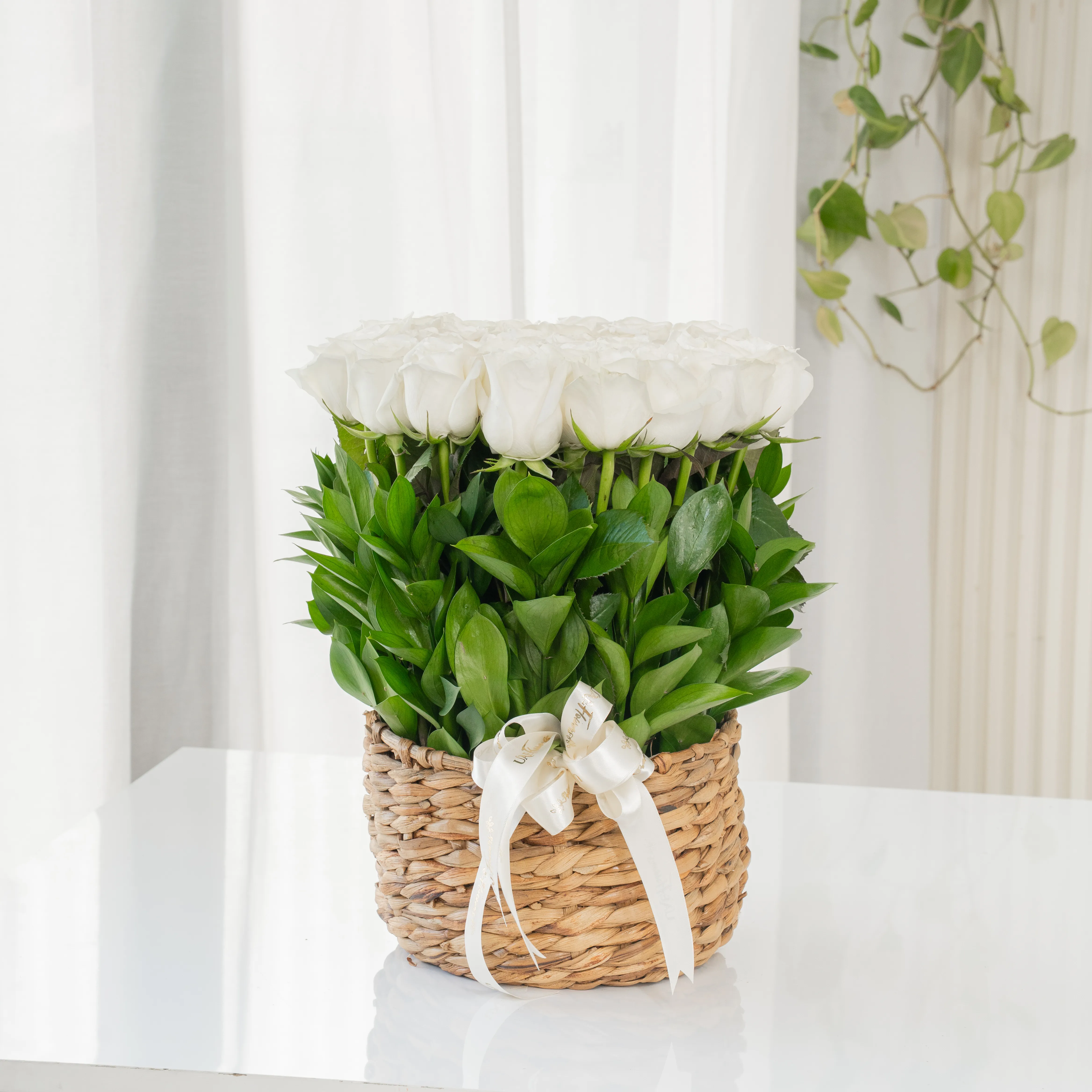 18 White Roses in a Basket
