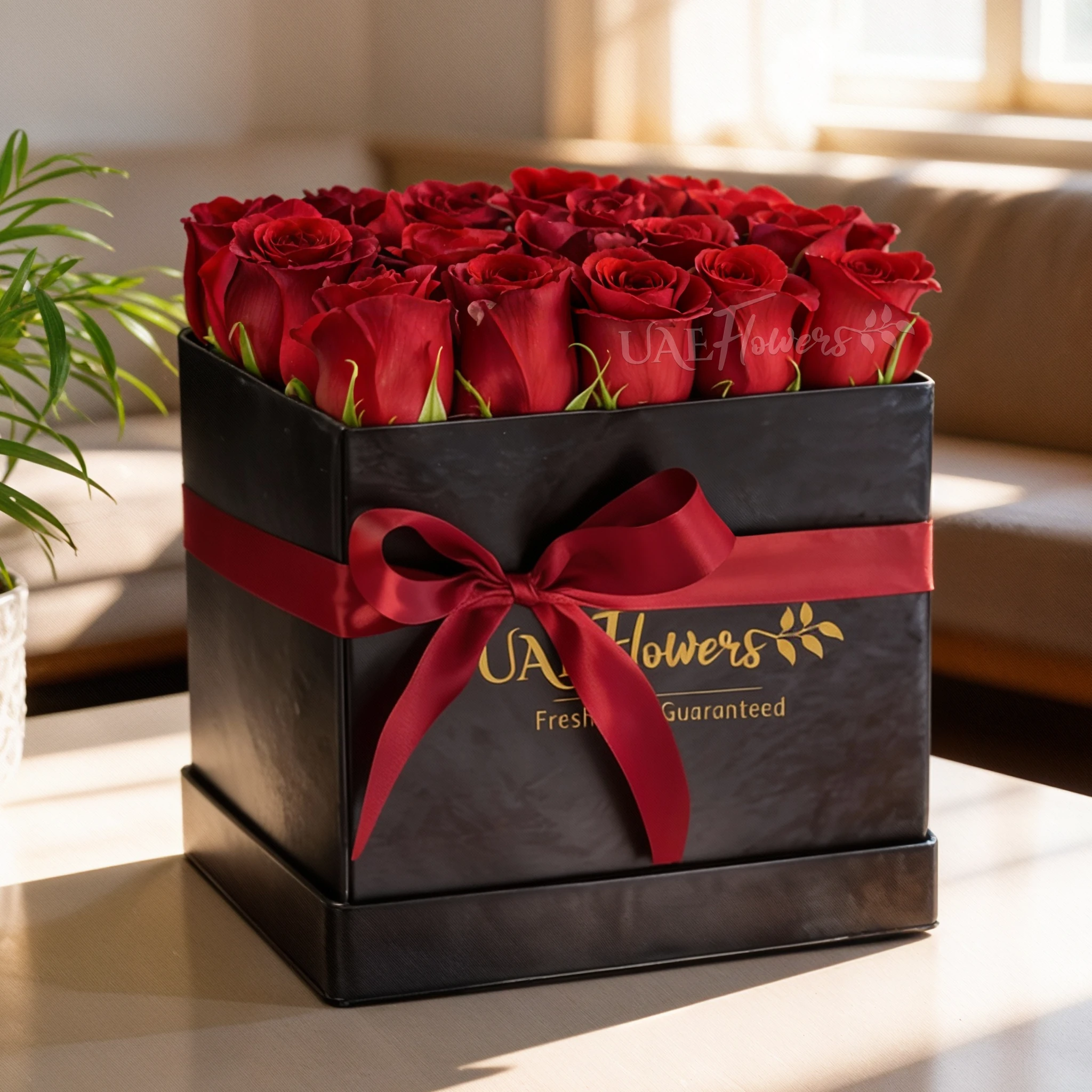 20 red roses with fillers in a cube black box tied with red ribbon