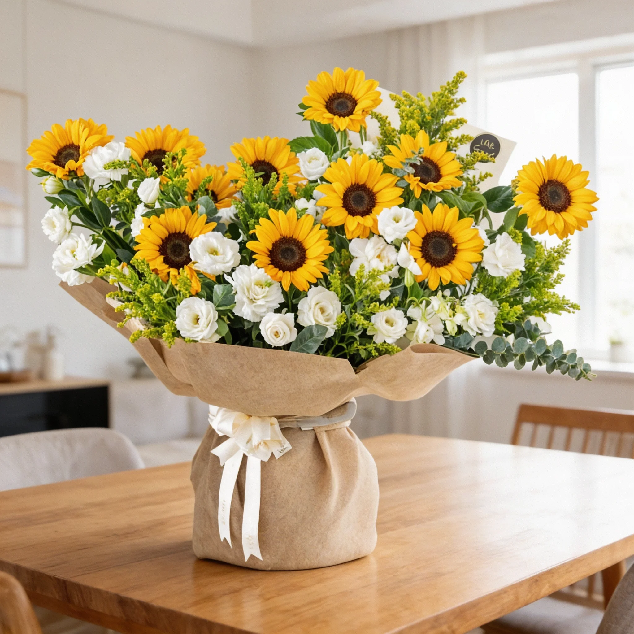 Bouquet of 11 sunflowers and 10 white lisianthus with green fillers and yellow statis in brown paper packing tied with white ribbon.