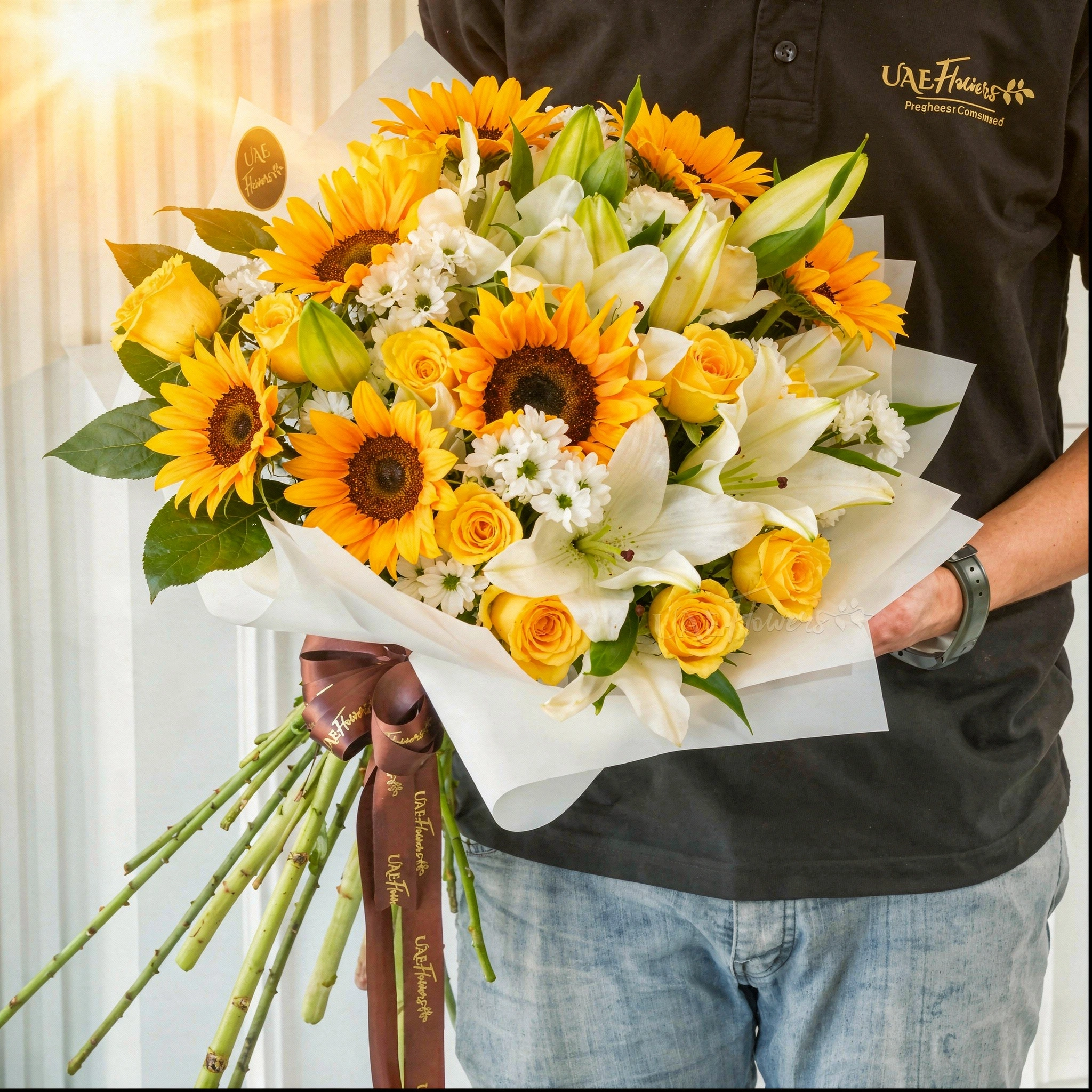 Bright bouquet of sunflowers, white lilies, yellow roses, and white filler flowers wrapped in elegant white paper with a brown satin ribbon – joyful floral gift by UAE Flowers.