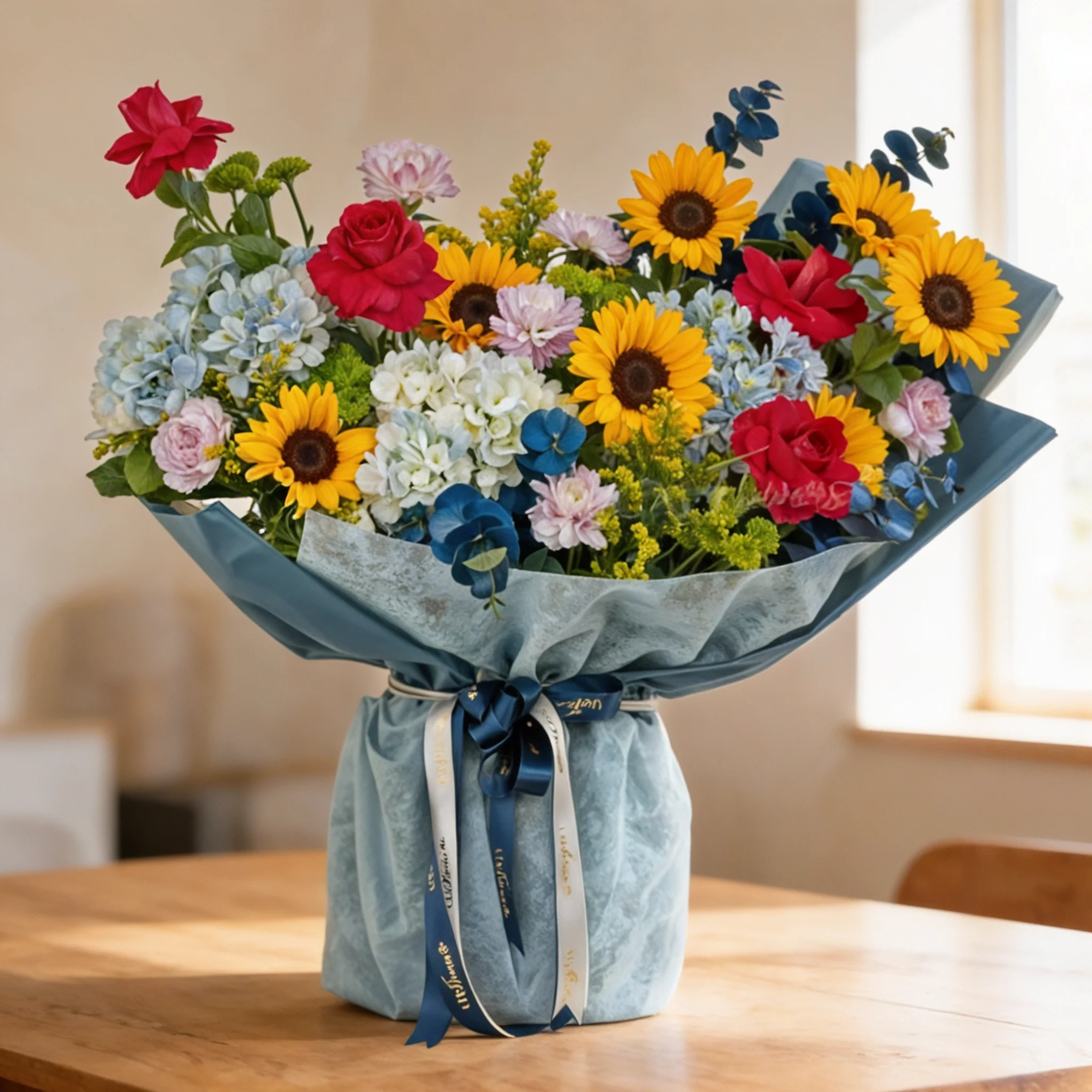 Bouquet of 8 sunflowers, 4 red roses, 5 blue hydrangeas, 6 carnations, green button chrysanthemums, blue sprayed eucalyptus leaf with green fillers in blue paper packing tied with blue ribbons.