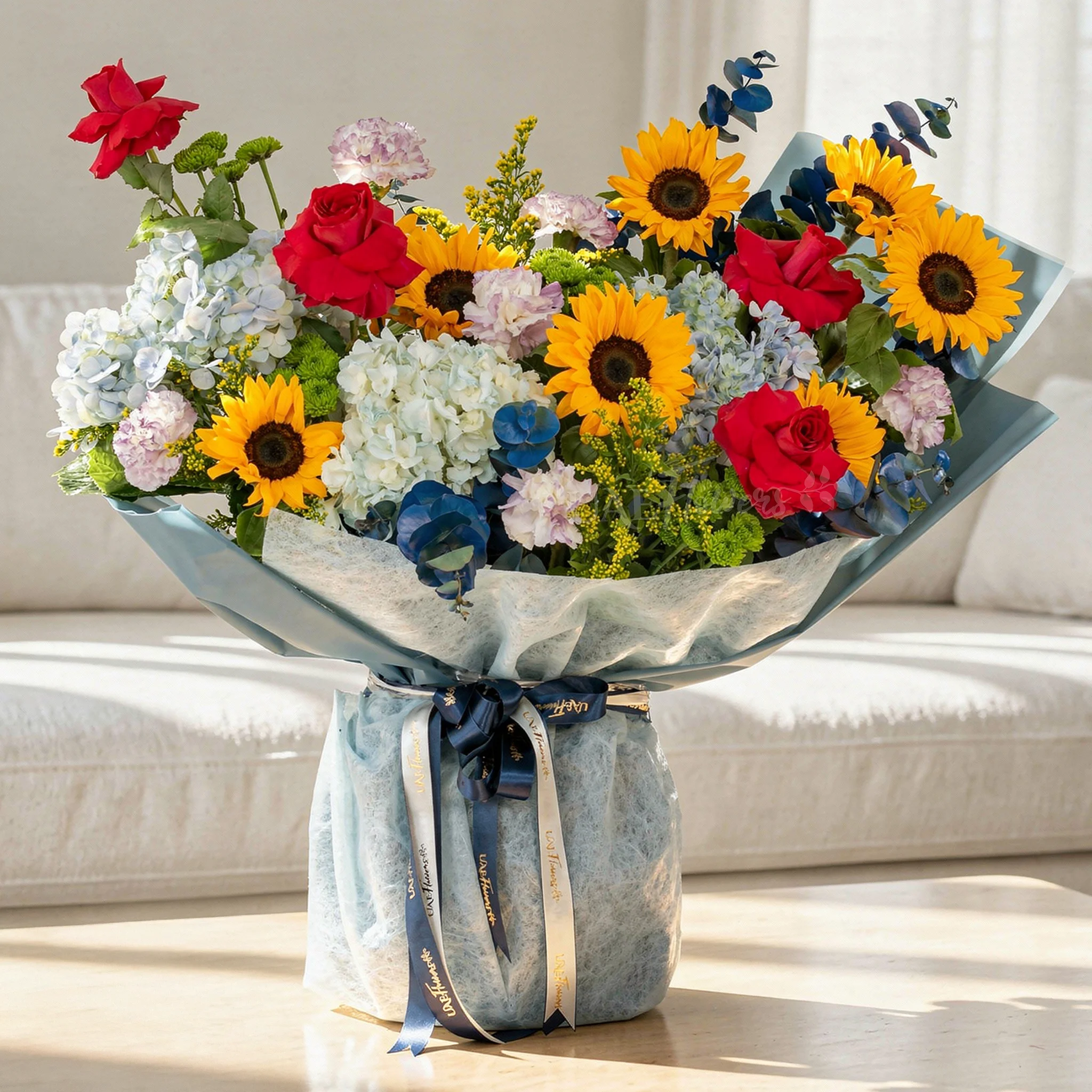 Bouquet of 8 sunflowers, 4 red roses, 5 blue hydrangeas, 6 carnations, green button chrysanthemums, blue sprayed eucalyptus leaf with green fillers in blue paper packing tied with blue ribbons.