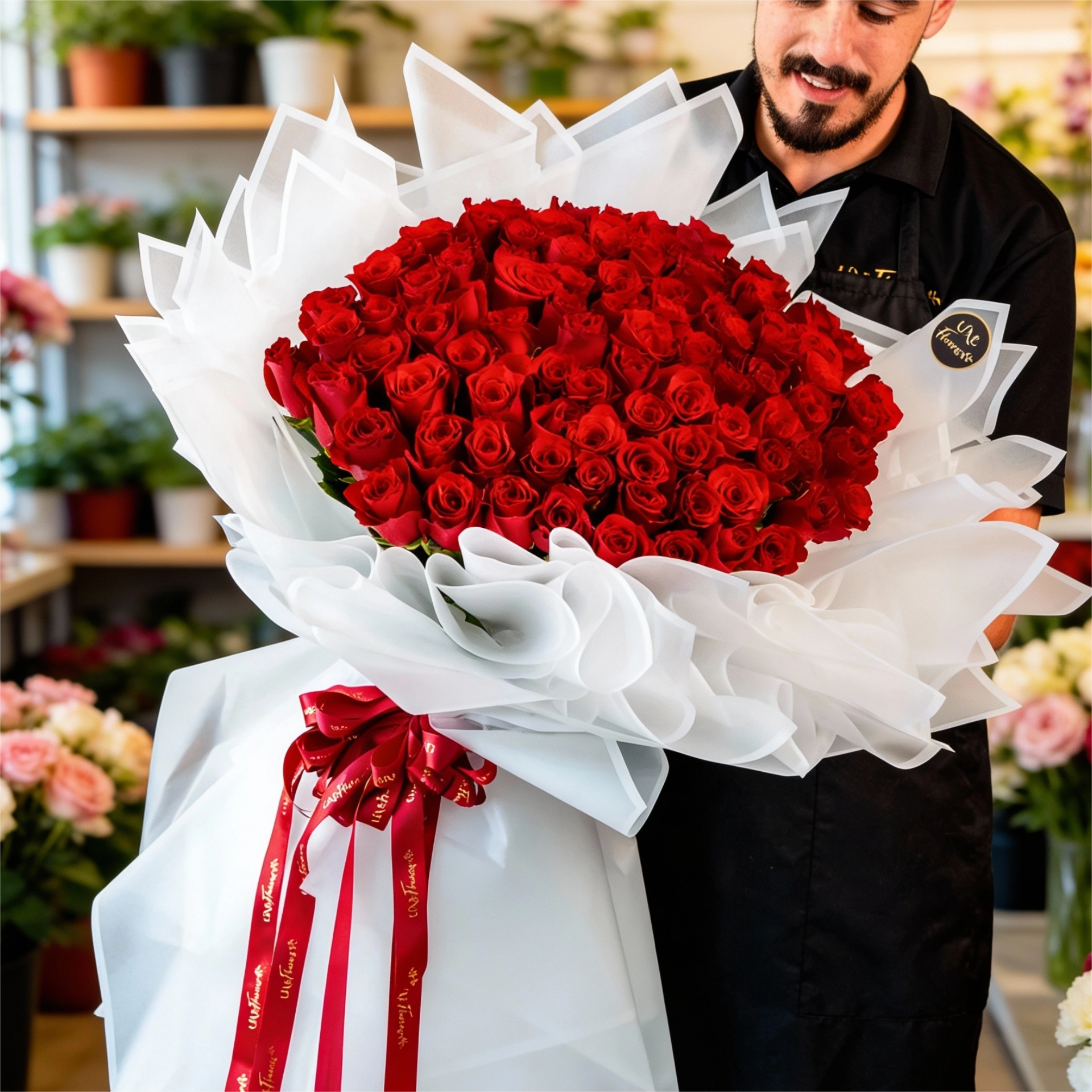 bouquet of 70 red roses with fillers