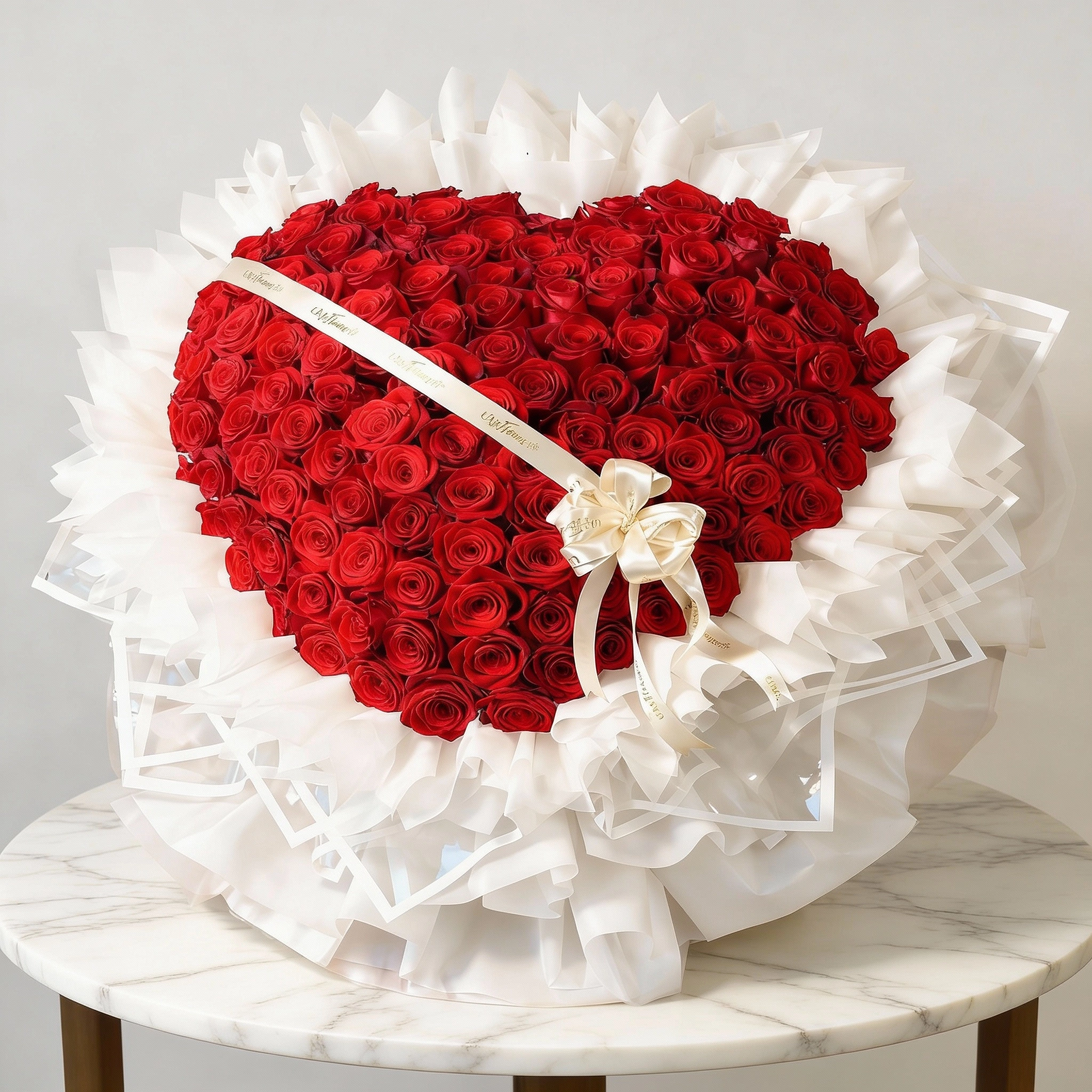 heart-shaped arrangement of 120 red rose