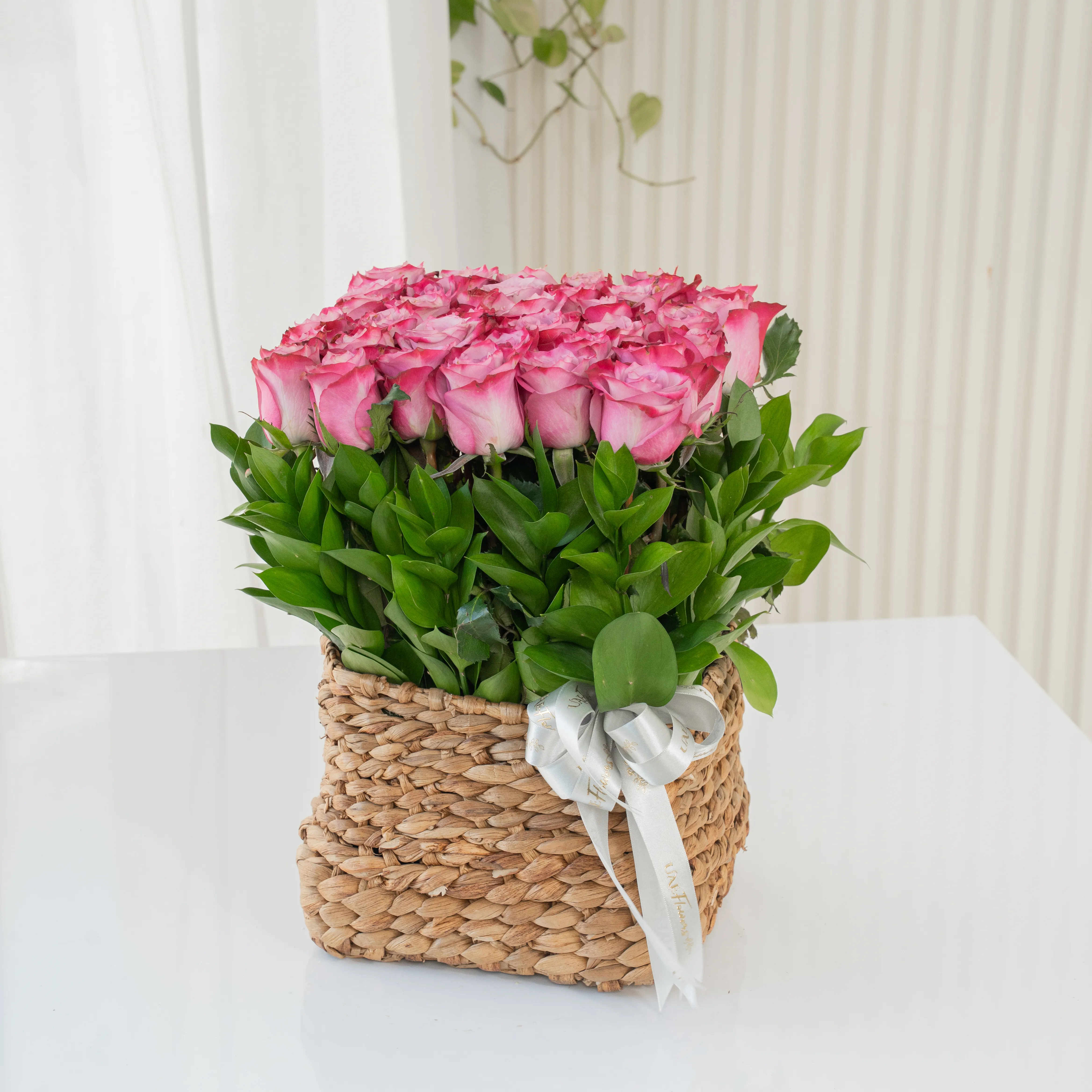 36 Purple Roses in a Square Basket