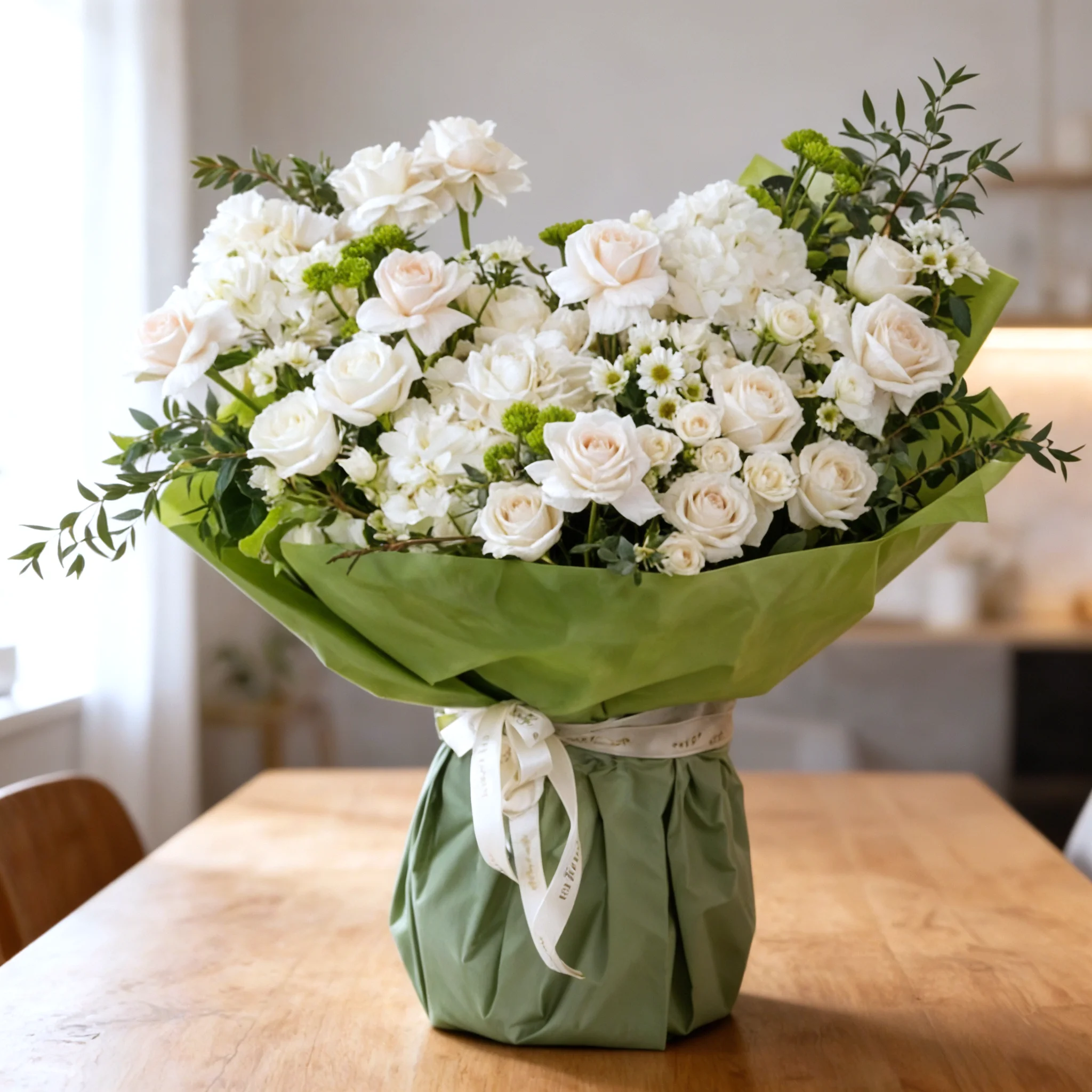 Bouquet of 16 white roses, 4 green button chrysanthemums, 3 white hydrangeas, 3 white spray roses and 4 white chrysanthemums with green fillers in green paper packing tied with white ribbon.