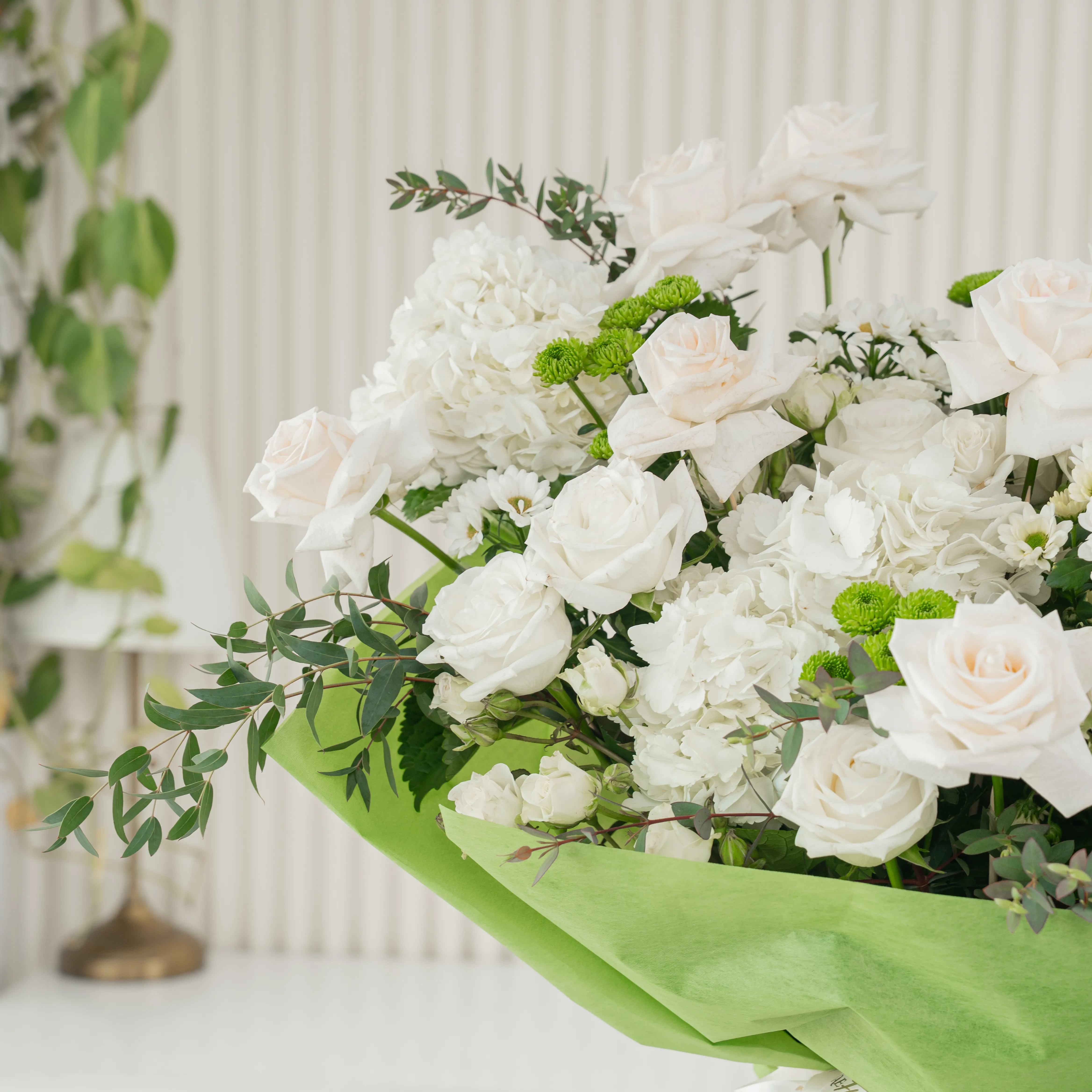 White Meadow bouquet with 16 white roses, 4 green chrysanthemums, and hydrangeas, tied with white ribbon—perfect for celebrations or thoughtful gifting.