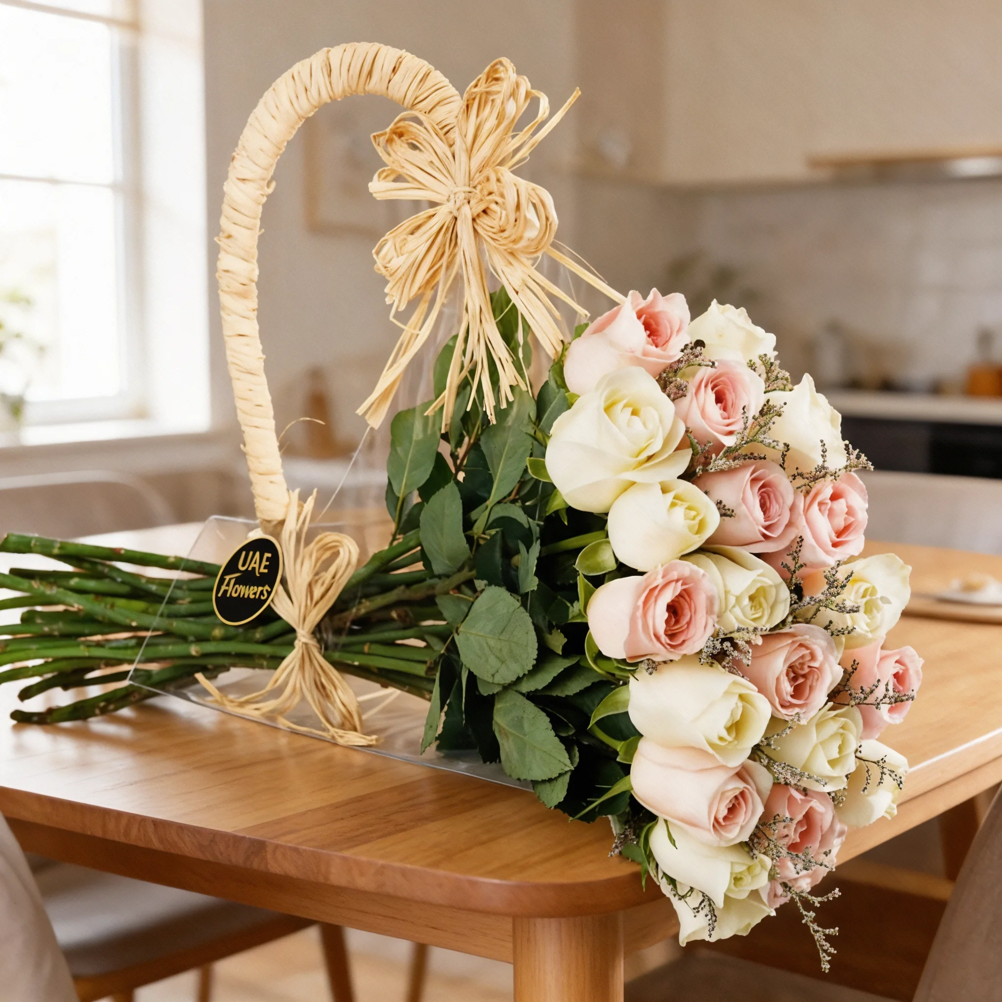 bag with 10 pink roses and 10 white roses, tied with jute