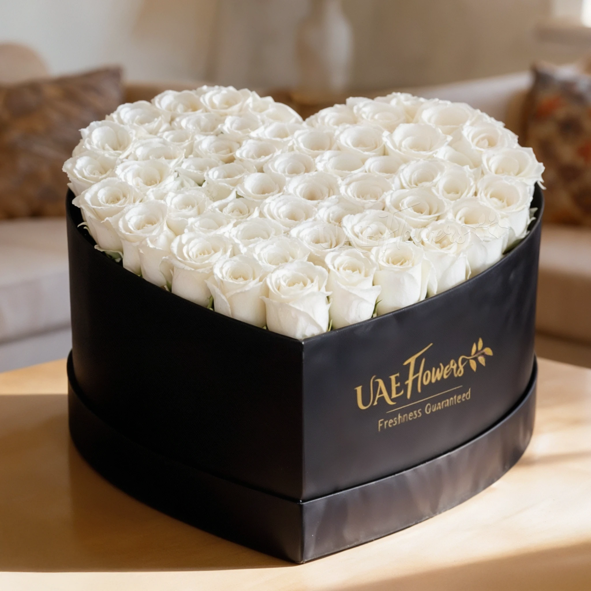 50 white roses with fillers in a heart shape grey box