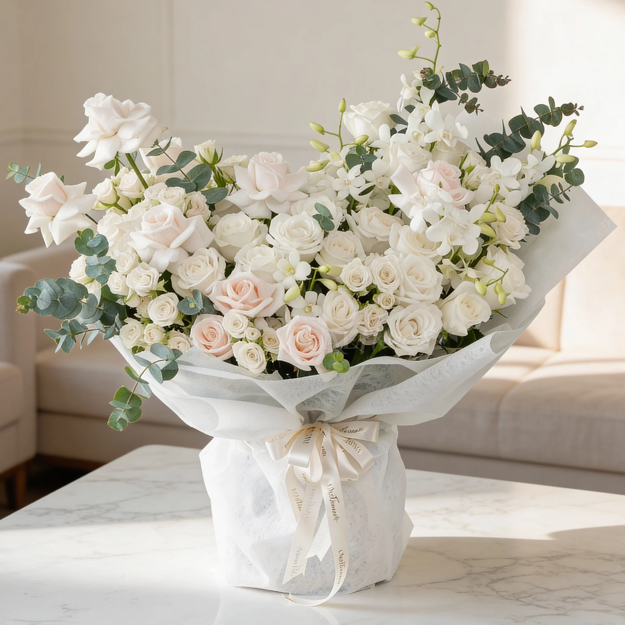 Bouquet of 20 white roses and 10 white spray roses with green fillers in white paper packing tied with white ribbon.
