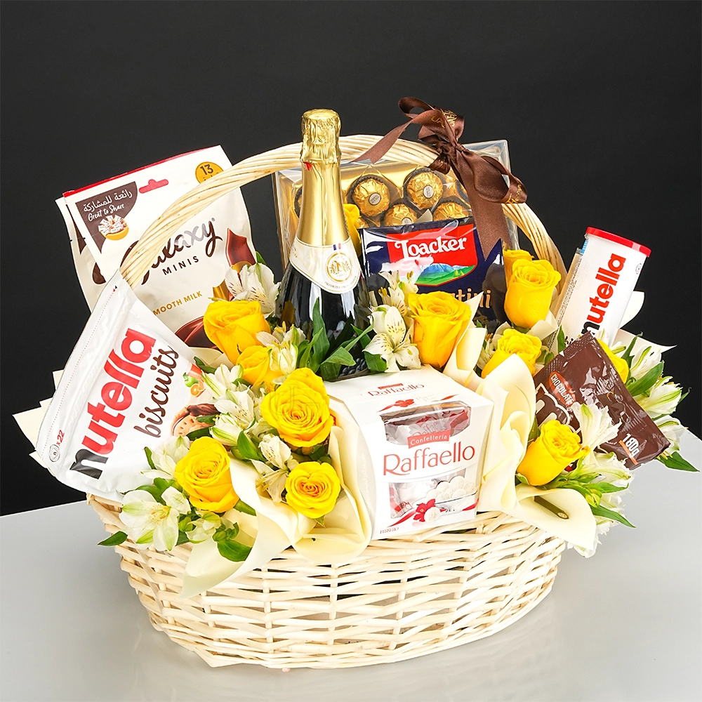 yellow roses, white alstroemeria, chocolates
