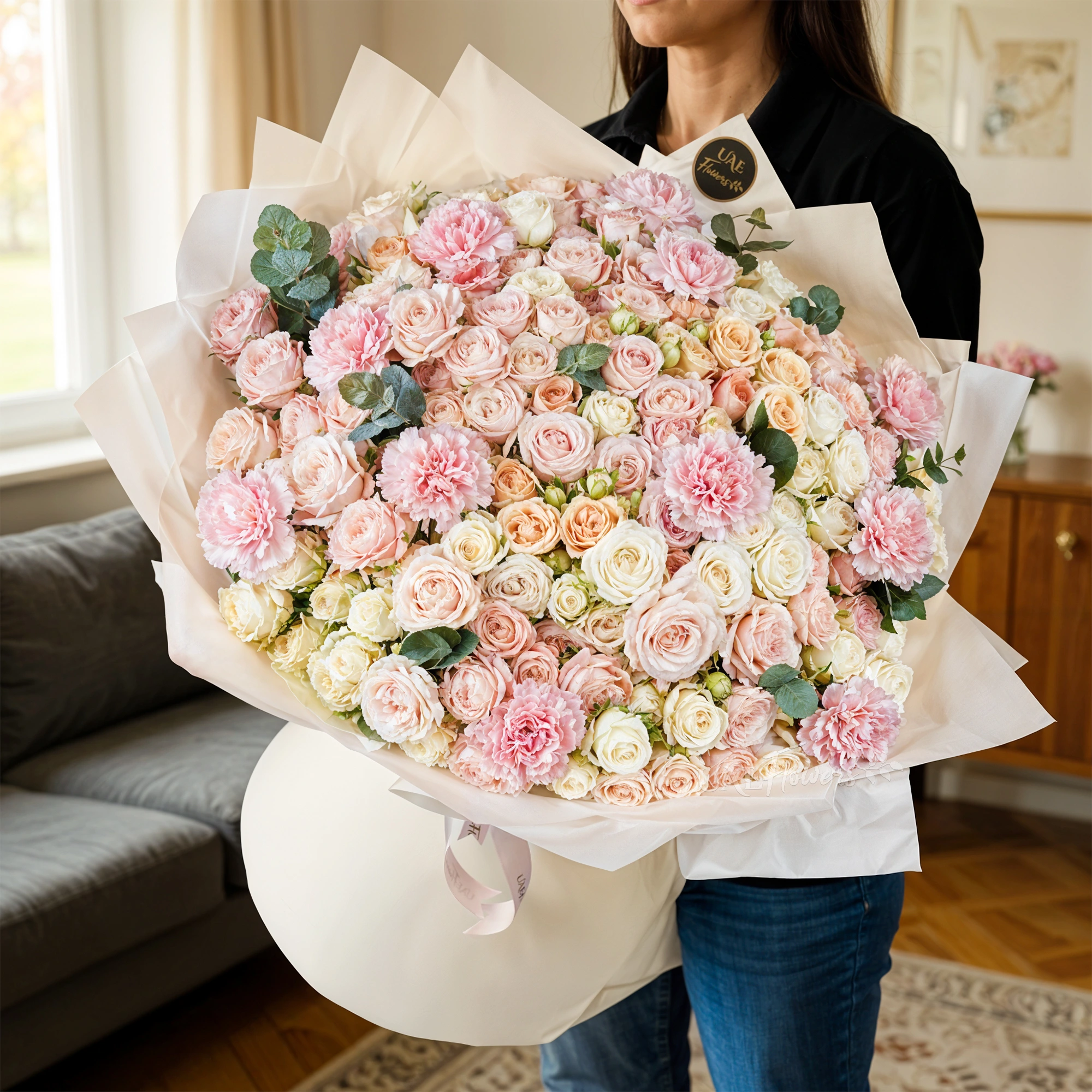 bouquet with 40 mixed spray roses and 20 pink carnations