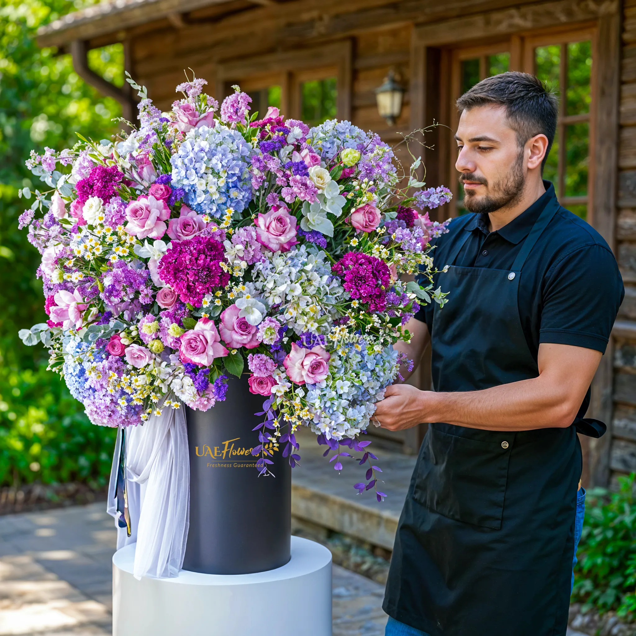 An arrangement of blue hydrangeas, purple roses, purple lisianthus, purple chrysanthemums, purple matthiola and green fillers and blue net in a tall round box.