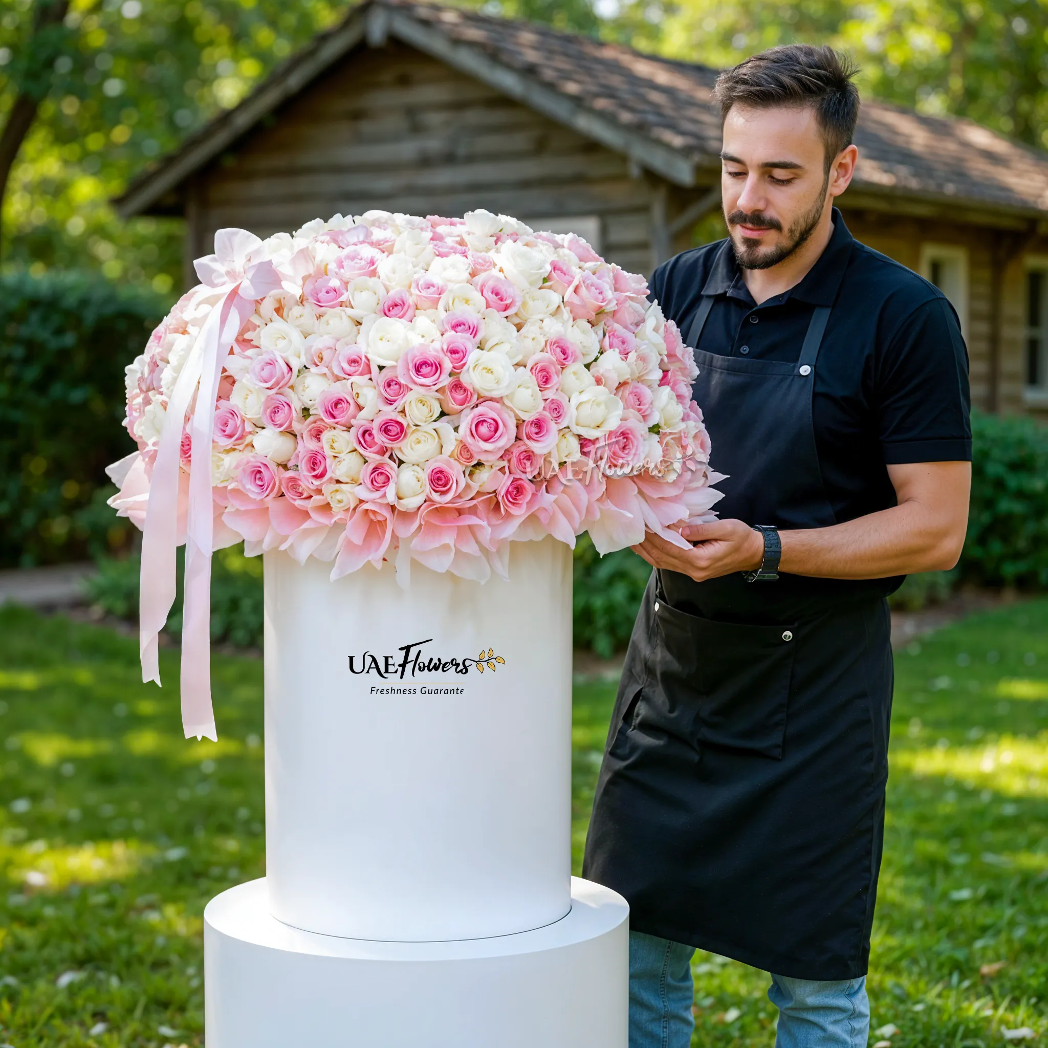 Full round arrangement of 300 pink and white roses in a tall round box.