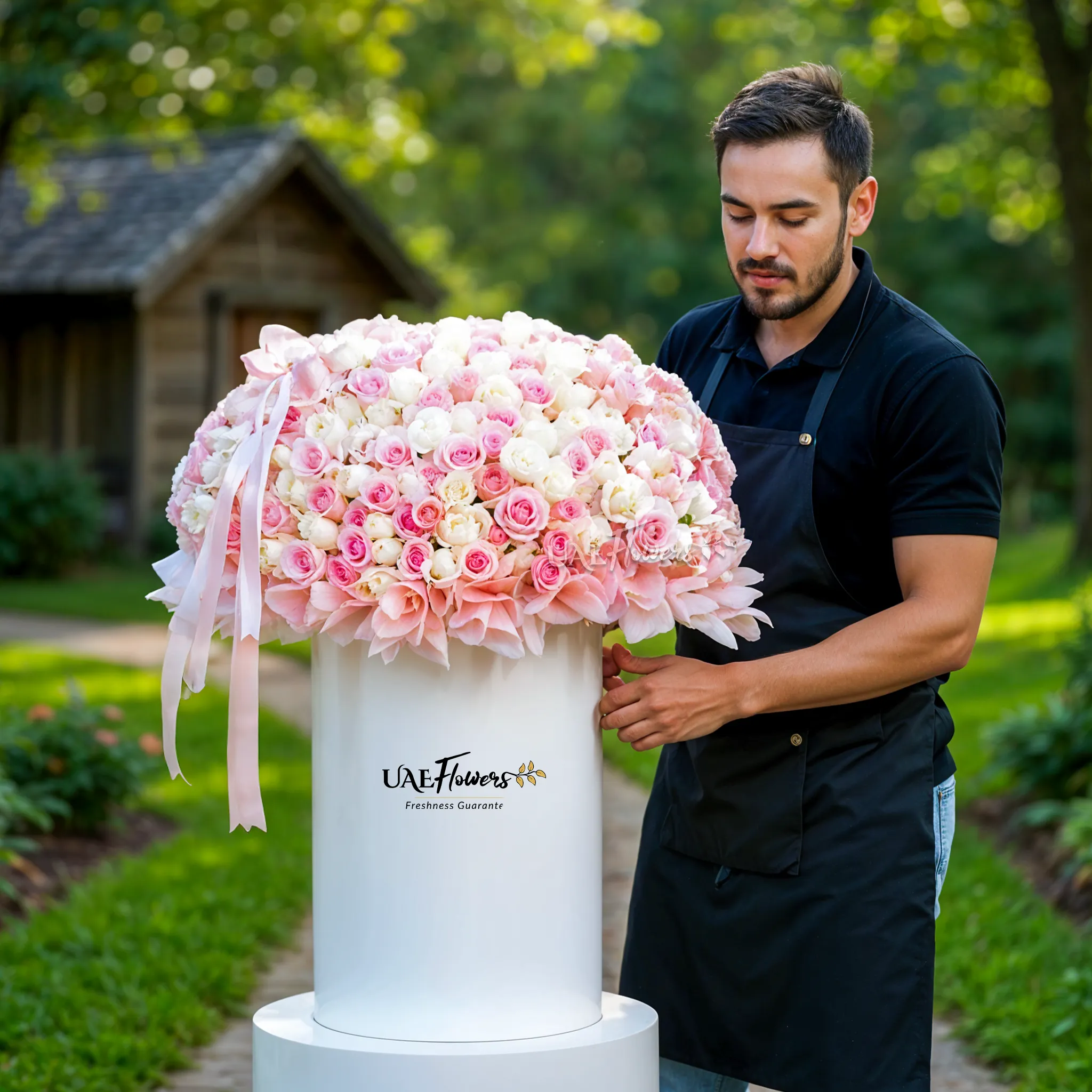 Full round arrangement of 300 pink and white roses in a tall round box.