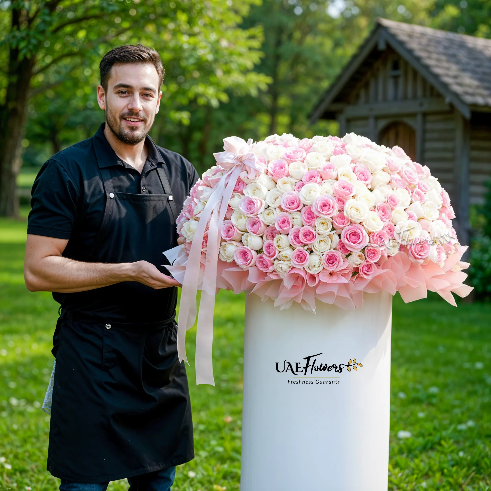 Full round arrangement of 300 pink and white roses in a tall round box.