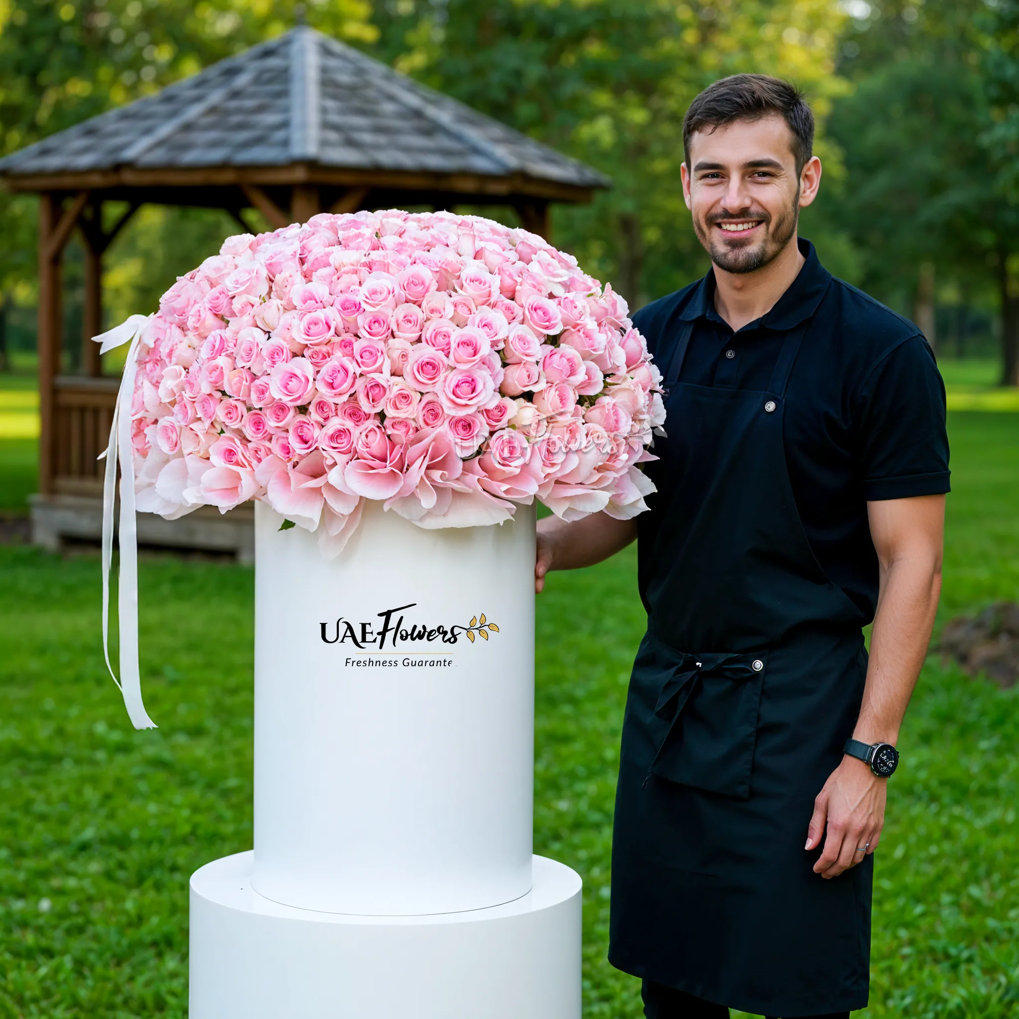 Full round arrangement of 300 pink roses in a tall round box.