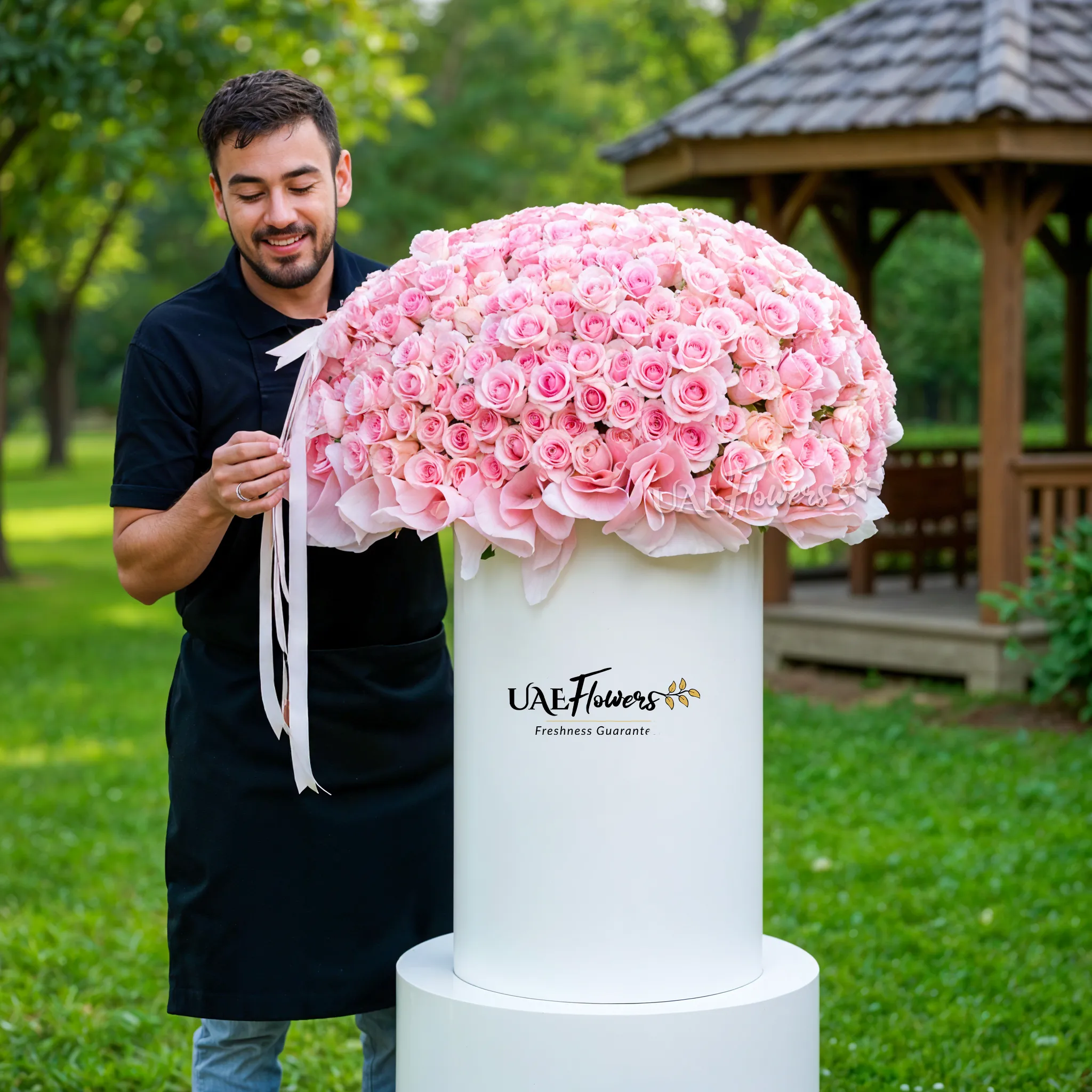 Full round arrangement of 300 pink roses in a tall round box.