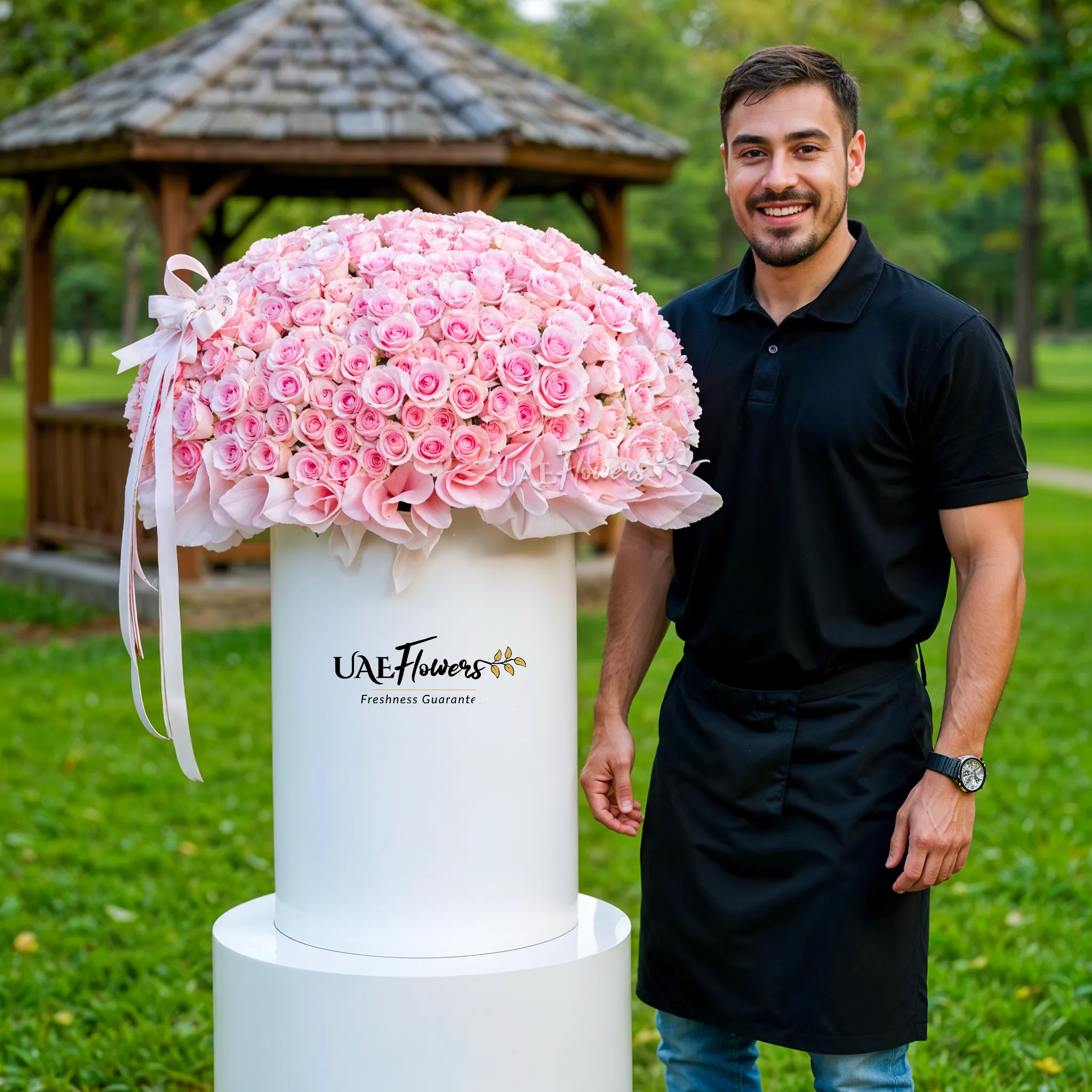 Full round arrangement of 300 pink roses in a tall round box.