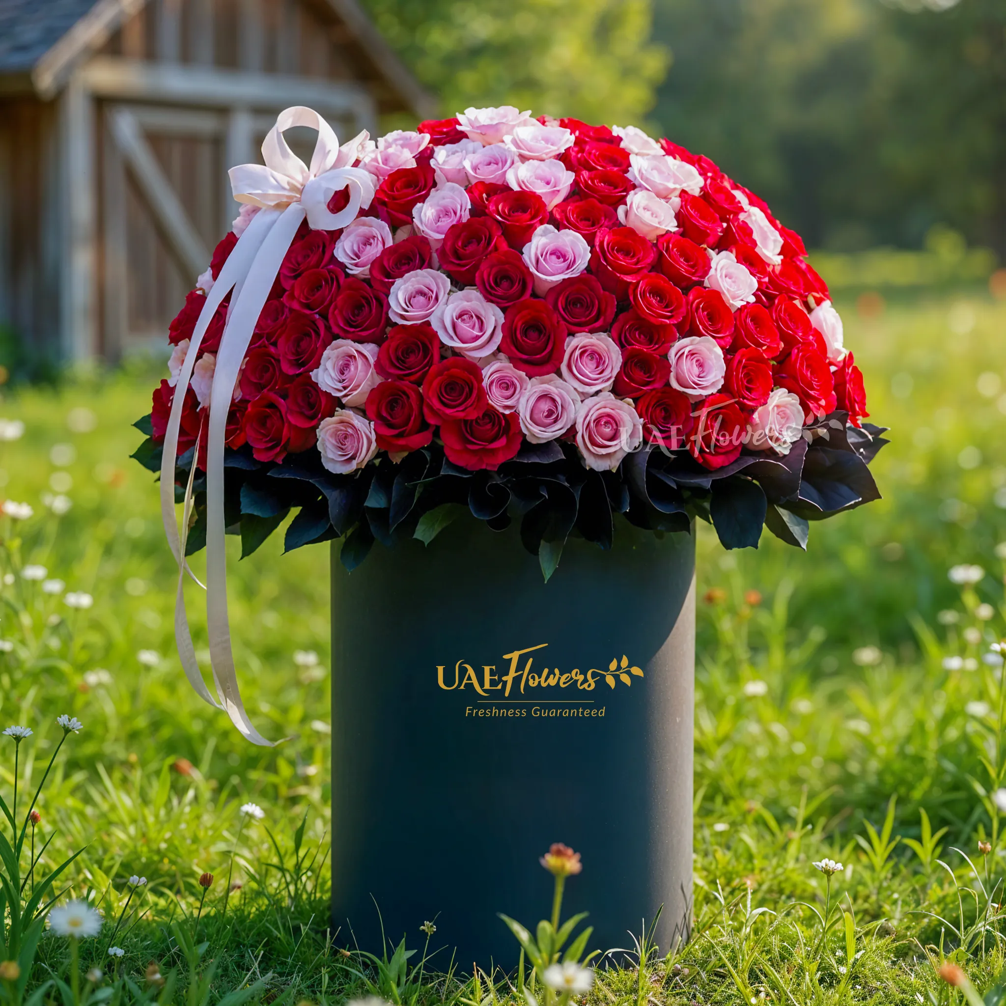 Full round arrangement of 300 red and pink roses in a tall round box.