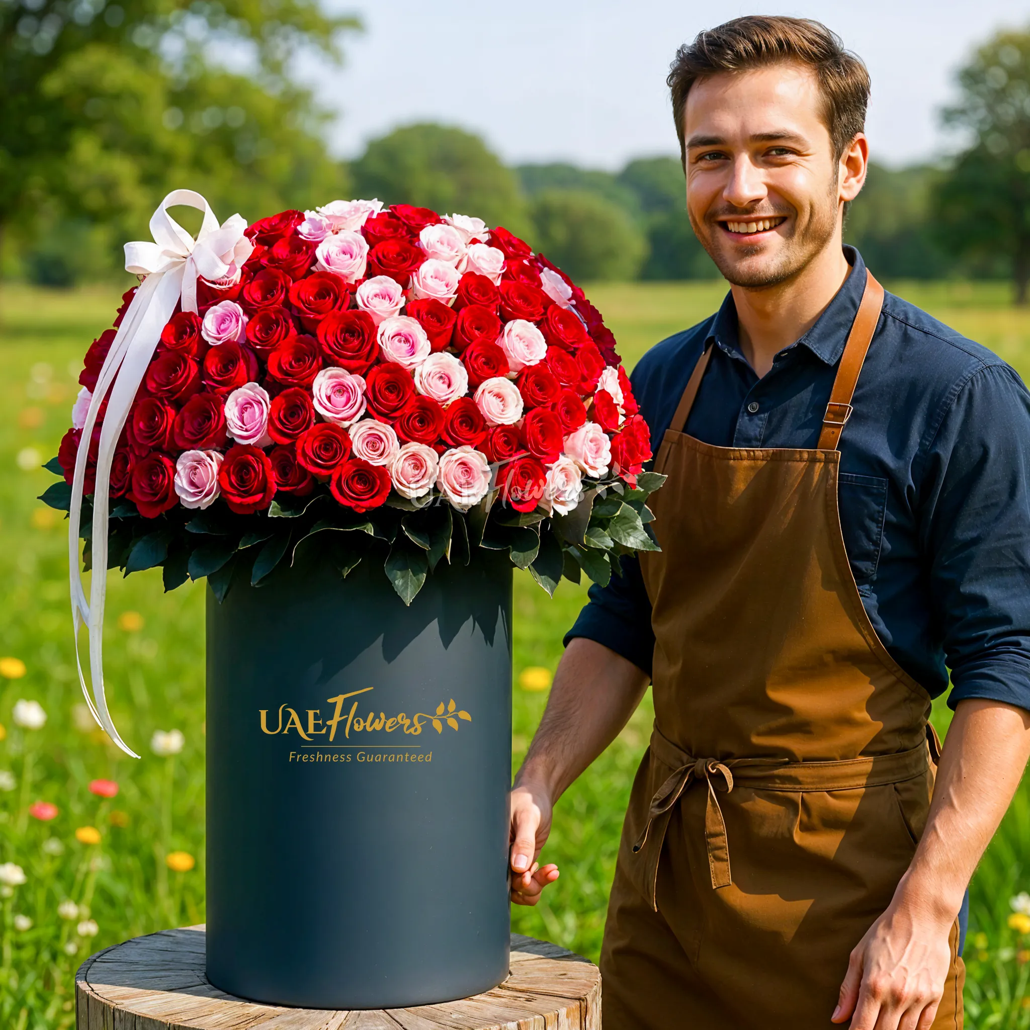 Full round arrangement of 300 red and pink roses in a tall round box.