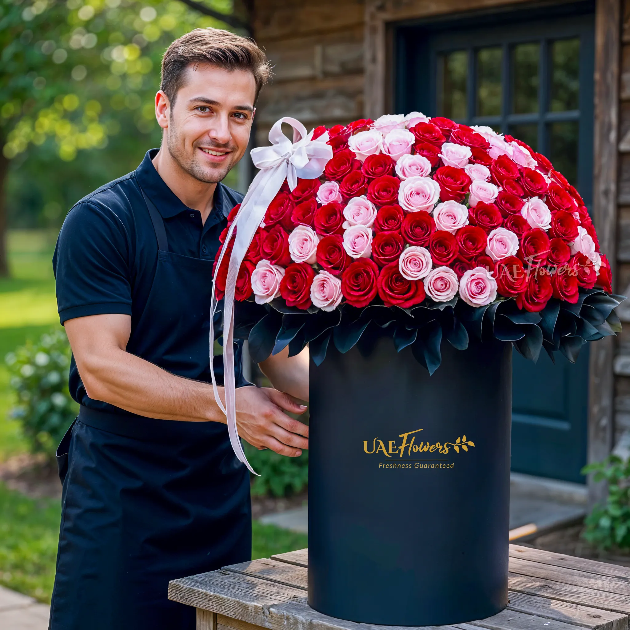 Full round arrangement of 300 red and pink roses in a tall round box.