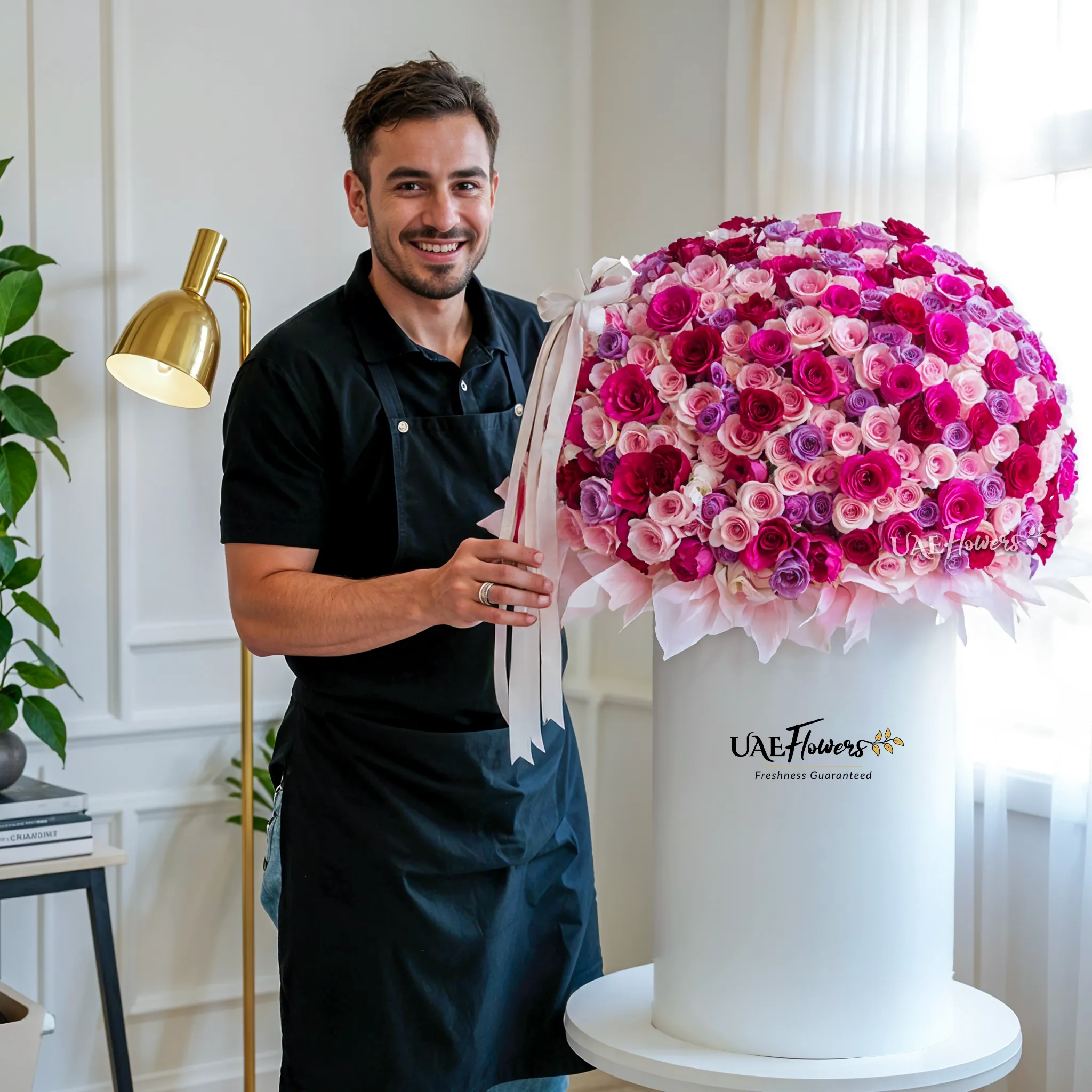 Full round arrangement of 300 Red, Pink & Purple Roses in a tall round box.